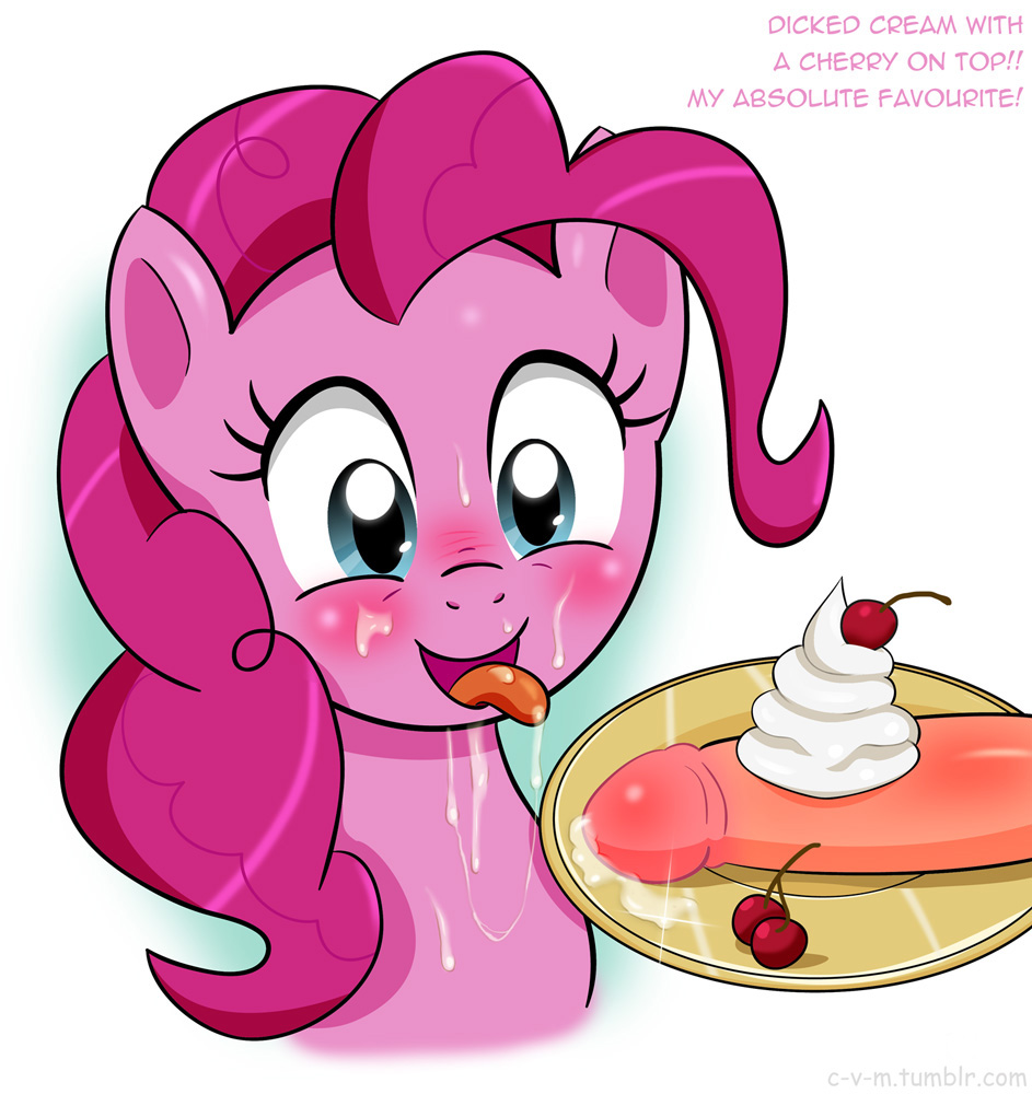 blue_eyes cherry cum cum_in_mouth cum_on_face dessert dialogue equine friendship_is_magic horse humanoid_penis my_little_pony penis pinkie_pie_(mlp) plate pony precum straight_hair tongue tongue_out whipped_cream