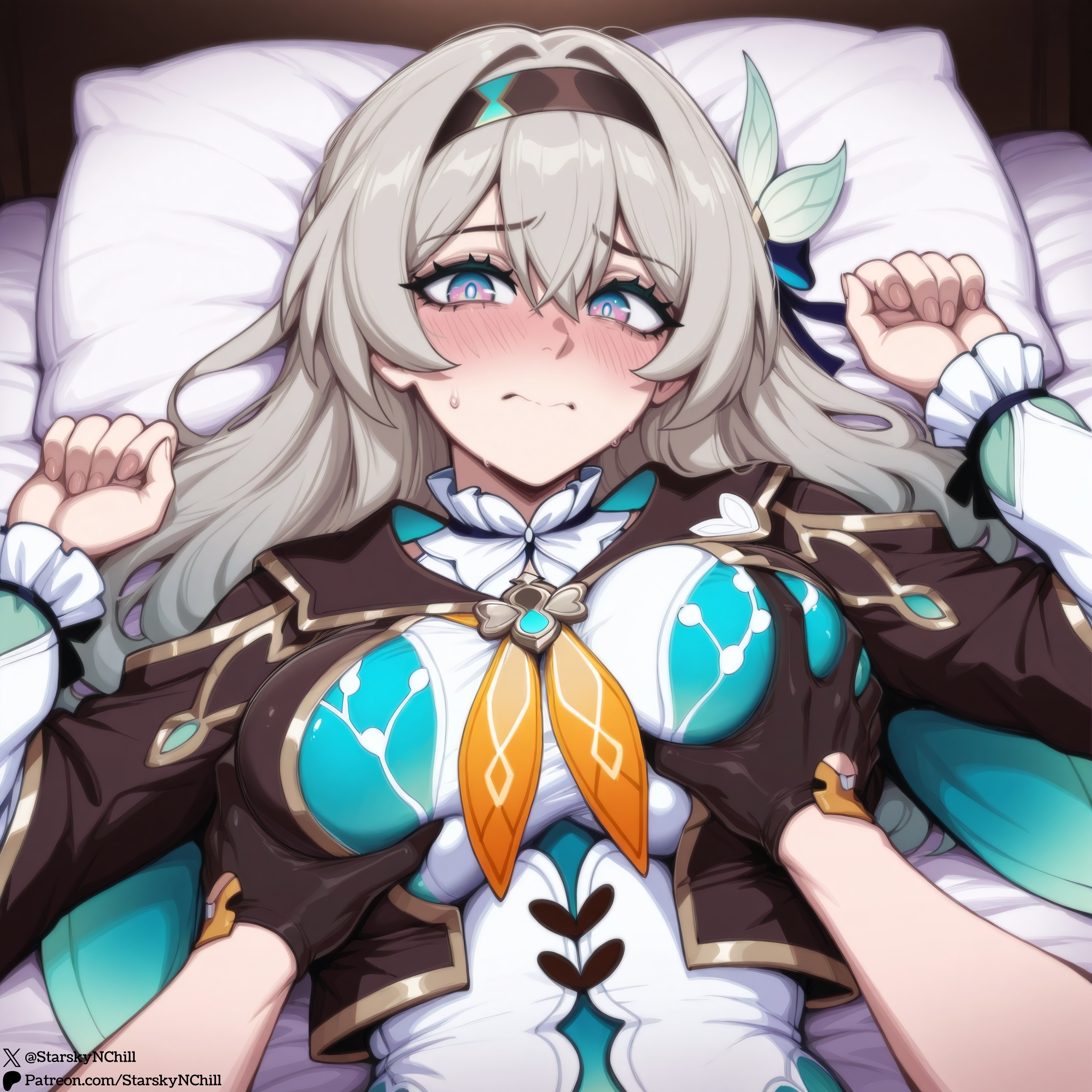2girls, ai generated, breast grab, breasts, clothed sex, embarrassed, female, firefly (honkai: star rail), groping breasts, honkai: star rail, large breasts, looking at viewer, on back, on bed, pov, self upload, starskyai, stelle (honkai: star rail)