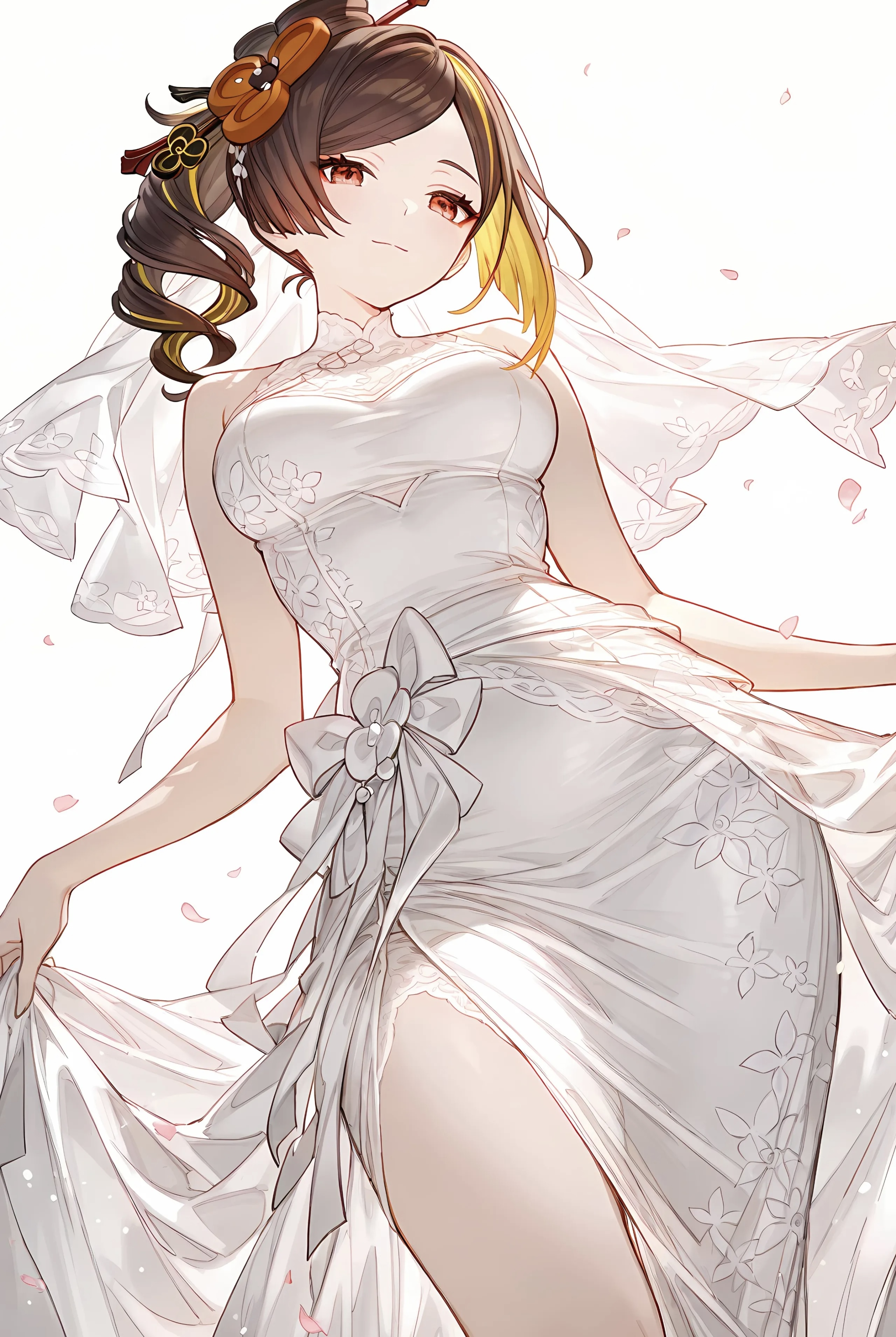 ai generated, breasts, brown hair, chiori (genshin impact), female, genshin impact, hair ornament, hoyoverse, lace, light skin, light-skinned female, looking down, medium breasts, medium hair, mihoyo, mihoyo technology (shanghai) co. ltd., red eyes, smile, thighs, tight clothing, tight dress, twirling hair, veil, waist, white dress