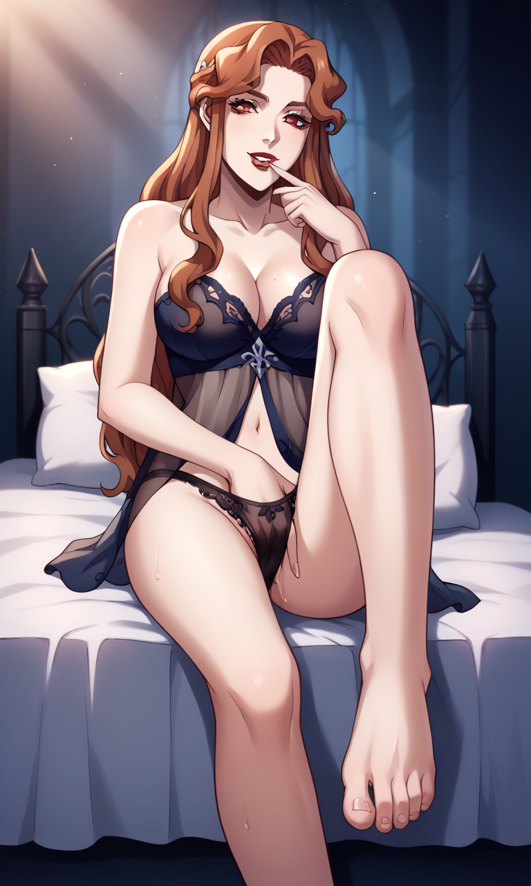 1girls ai_generated barefeet barefoot bigmic145 blue_dress braid breasts castlevania castlevania_(netflix) female foot_fetish hair_ornament lenore_(castlevania) lips long_hair medium_breasts negligee orange_hair panties see-through see-through_clothing vampire vampire_girl wavy_hair