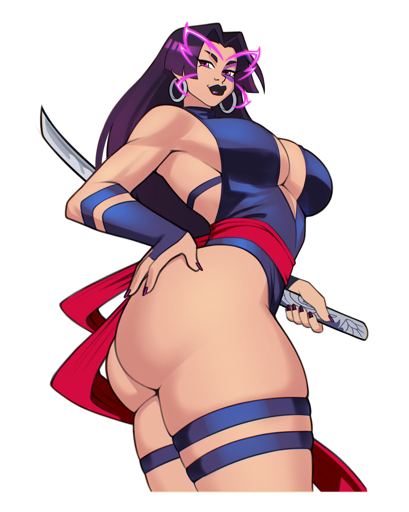 1girls, ass, ass focus, female, female focus, female only, jakuson z, large ass, light skin, light-skinned female, looking at viewer, looking back, marvel, marvel rivals, psylocke, psylocke (marvel rivals), psylocke (sai) (vengeance), solo, thick thighs, thighs