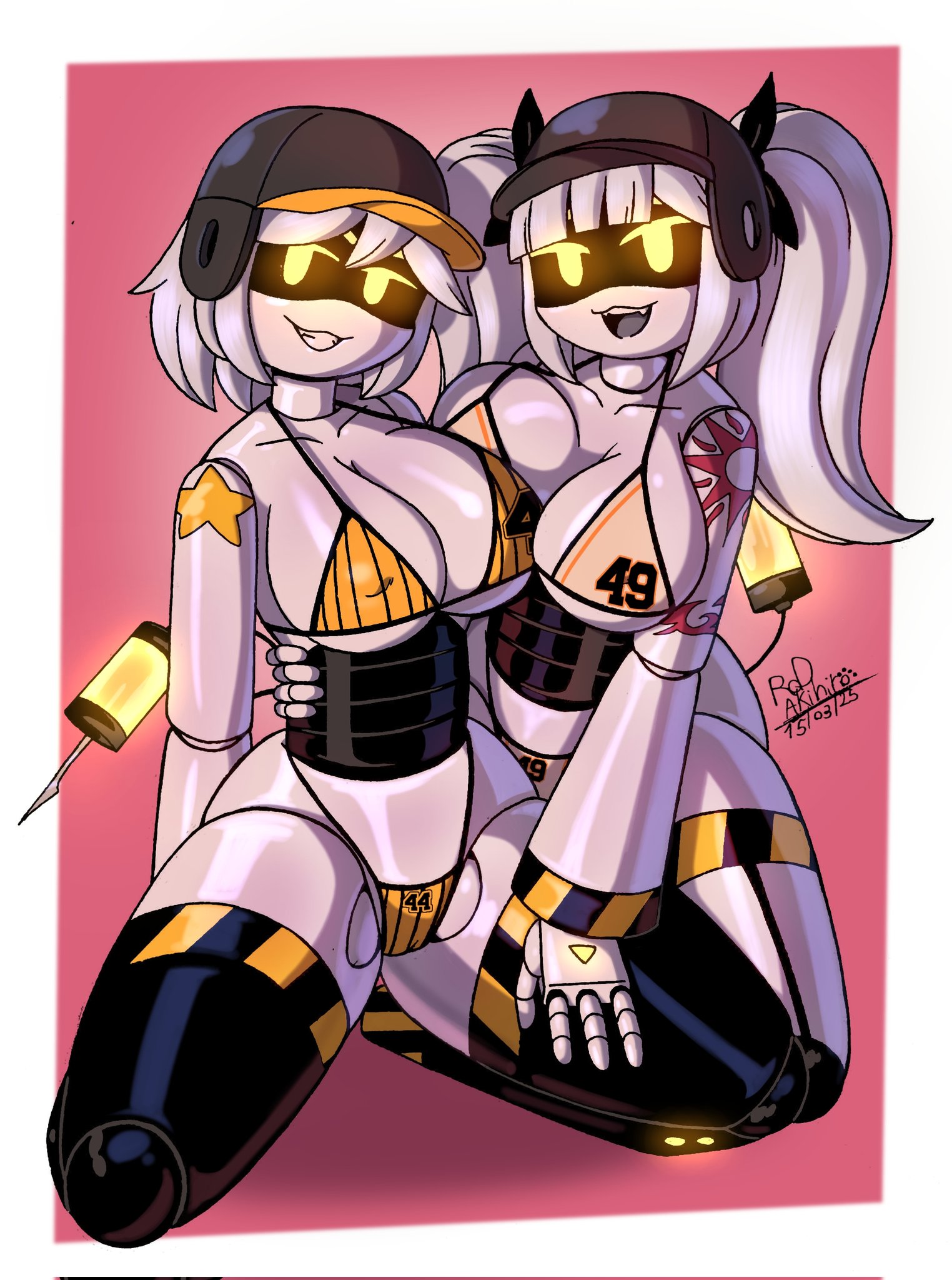 2girls, arm tattoo, cosplay, female, female only, glitch productions, helmet, j (murder drones), kneeling, long hair, murder drones, orange underwear, robot, robot girl, robot humanoid, rod akihiro, screen face, sega, short hair, sonic (series), star, suketto sanjou!!, tail, tattoo, twintails, underwear, v (murder drones), white body, white hair, yellow eyes, yellow underwear