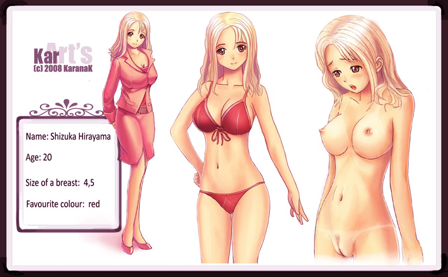 blonde_hair bra bra_removed breasts character_profile female jacket karanak large_breasts long_hair navel nipples panties panties_removed pink_eyes pubic_hair pussy red red_shoes shirt skirt suit tanline