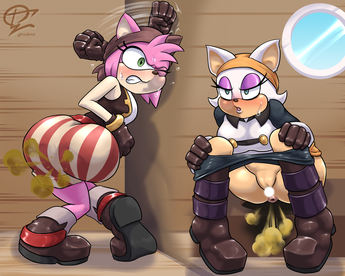 2girls, about to defecate, alternate costume, amy rose, anus, ass, breasts, clothing, fart, farting, female, fully clothed, ichi cho ichi sato, large breasts, pants down, rouge the bat, scat desperation, sonic (series), sonic the hedgehog (series)