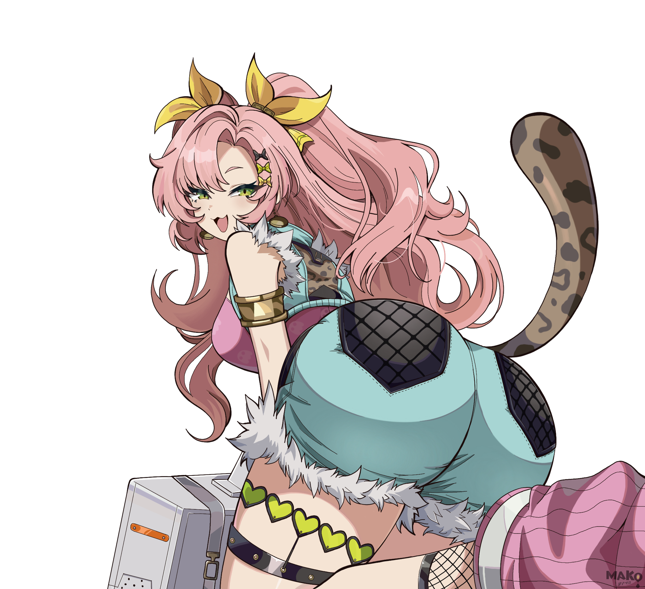 1girls, alternate costume, ass, ass focus, ass shake, bare shoulders, blush, breasts, female, from behind, green eyes, hair ribbon, huge ass, jiggle, large breasts, leaning, leaning forward, long hair, looking at viewer, looking back, naughty face, nicole demara, nicole demara (cunning cutie), official alternate costume, open mouth, pink hair, ribbon, short shorts, shorts, sideboob, simple background, smile, solo, tail, thighhighs, two side up, very long hair, white hair, yozora mako, zenless zone zero