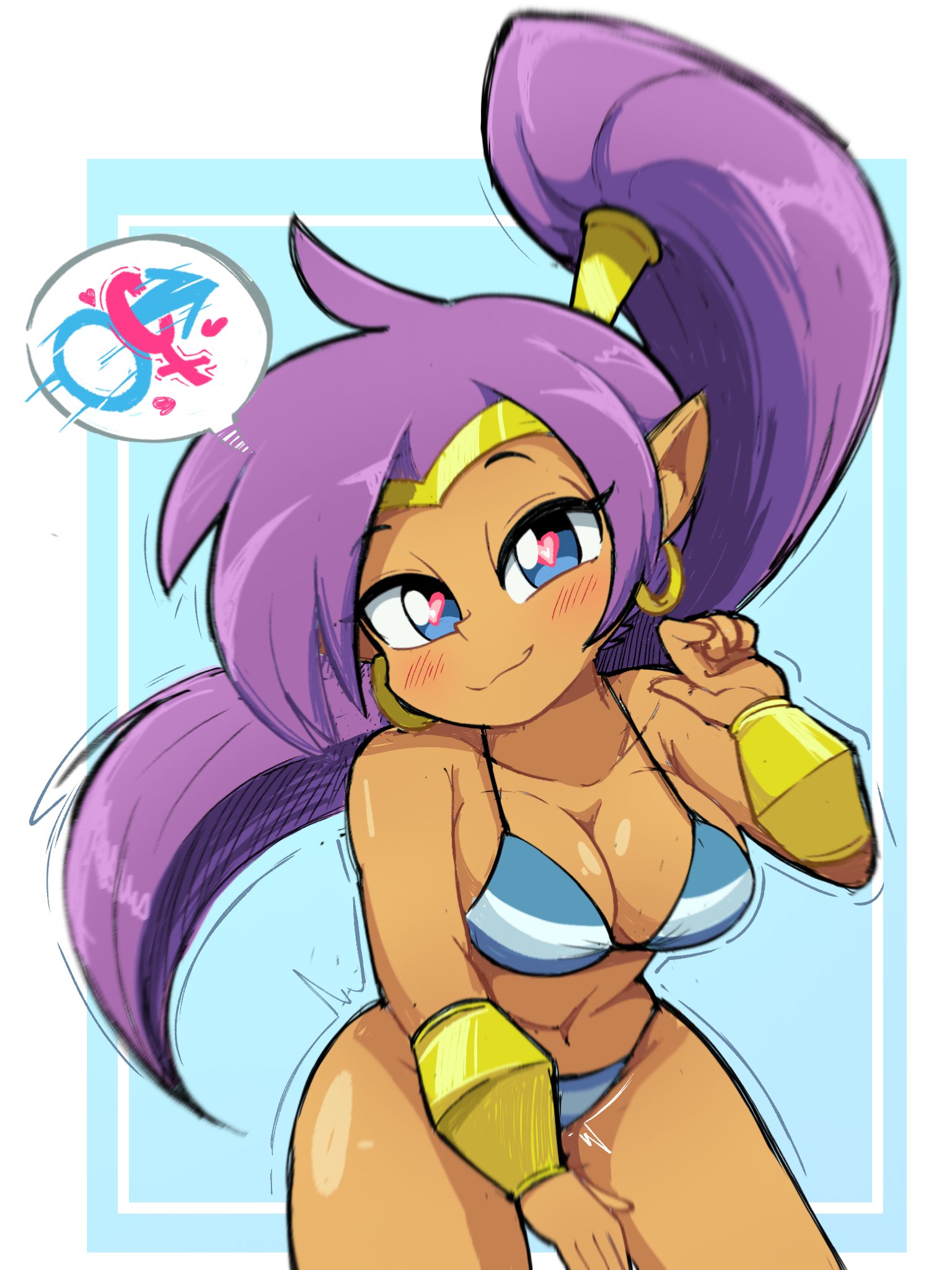 1girls, armwear, asking for it, asking for sex, big breasts, bikini, bikini bottom, bikini top, blue bikini, blue eyes, blush, bottomwear, breasts, cleavage, drawmatt, ear piercing, earrings, female, female only, hair, heart-shaped pupils, hoop earrings, motion lines, pointy ears, ponytail, purple hair, seductive, seductive look, shantae, shantae (character), smile, solo, solo female, striped bikini, swimwear, topwear