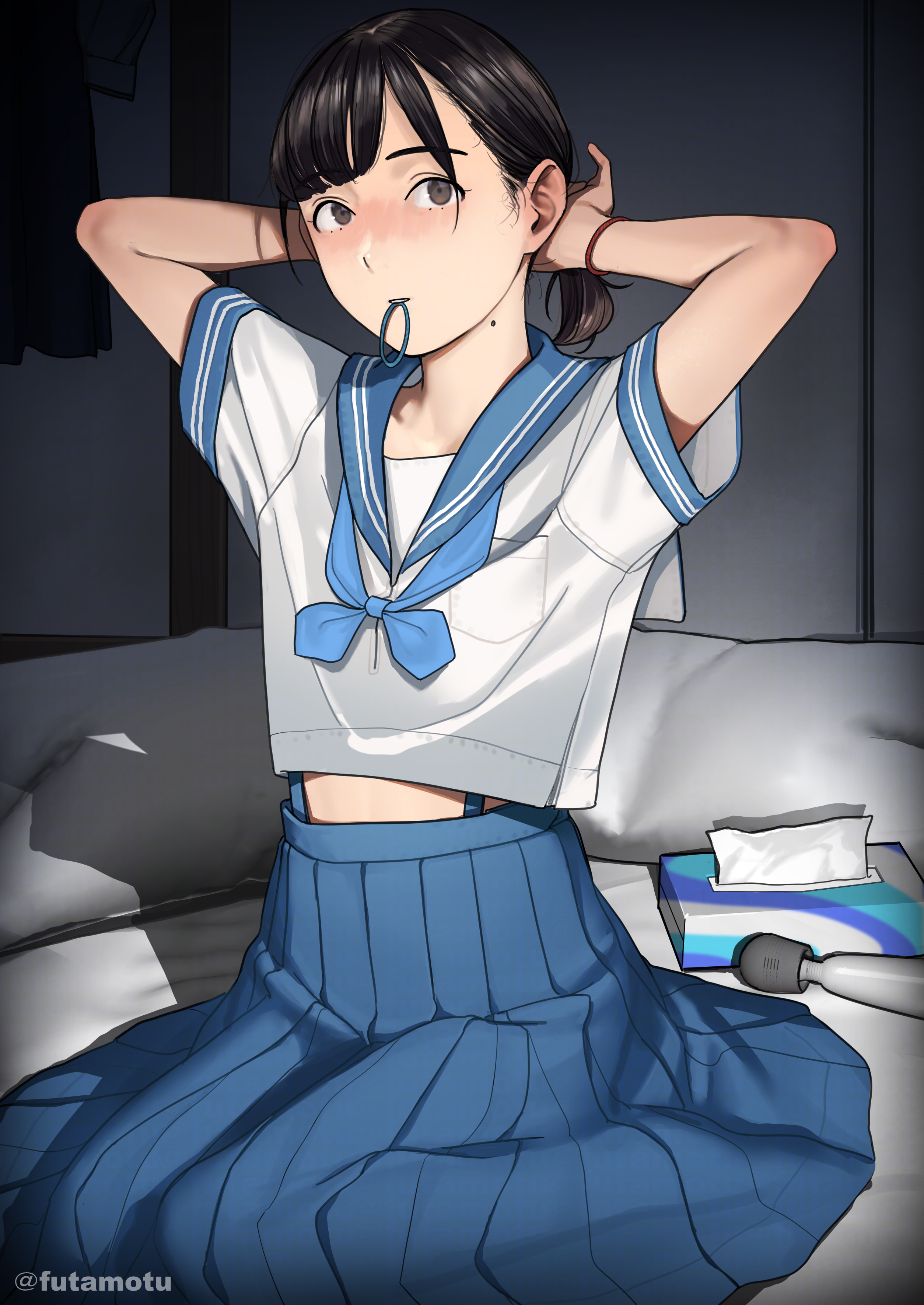 absurdres, arms behind head, arms up, black hair, blue bow, blue bowtie, blue sailor collar, blue skirt, blunt bangs, bow, bowtie, breast pocket, breasts, brown eyes, commentary request, female, full body, futamotu, futon, hair tie in mouth, hair tie on wrist, highres, hitachi magic wand, indoors, looking at viewer, loose bowtie, medium hair, midriff peek, mole, mole on neck, mouth hold, original, pillow, pocket, sailor collar, sailor shirt, satonaka megumi (futamotu), school uniform, serafuku, sex toy, shirt, short sleeves, sitting, skirt, solo, suspender skirt, suspenders, tissue box, twitter username, tying hair, vibrator, wariza, white shirt