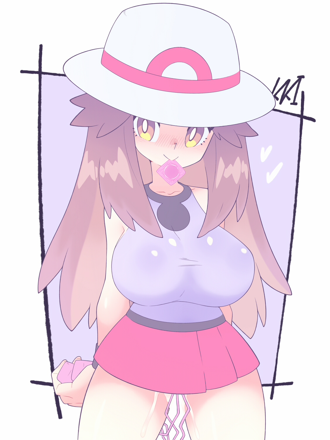 1girls, big breasts, breasts, brown hair, clothed, clothed female, condom, condom in mouth, female, female focus, female only, hat, kaikoinu, leaf (pokemon), long hair, looking at viewer, miniskirt, pokemon, pussy, skirt, vibrator, vibrator controller, vibrator cord, vibrator in pussy
