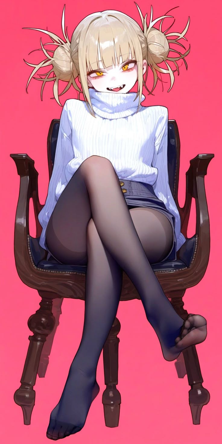 1girls, blonde hair, blonde-haired female, feet visible through clothing, female, foot fetish, himiko toga, leggings, looking at viewer, my hero academia, sitting on chair, solo, toga himiko