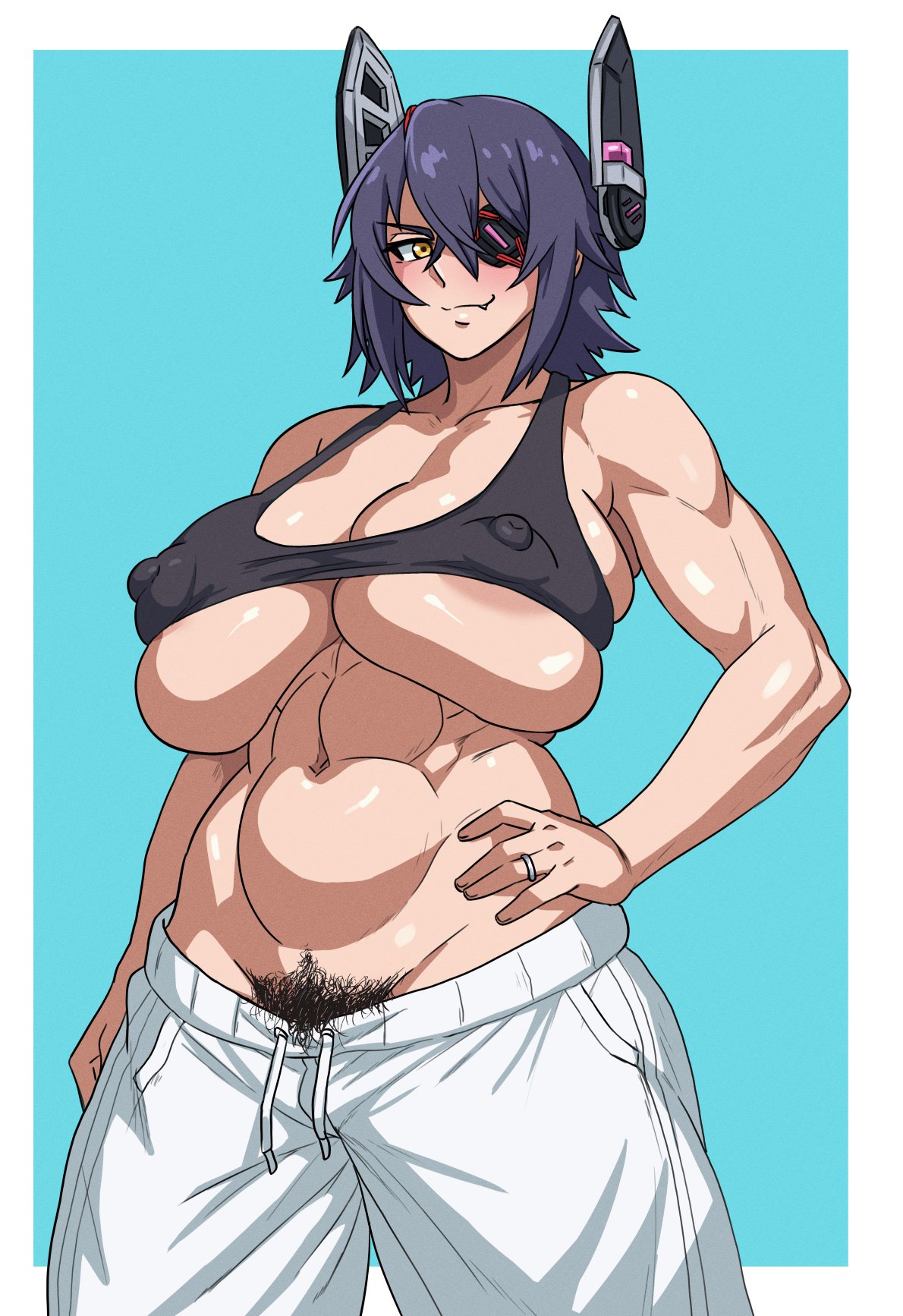 1girls, areolae peeking, big breasts, breasts, duo kawa, eyepatch, female, hairy pussy, kantai collection, navel, nipples, pubic hair, pubic hair peek, pussy, tenryuu (kantai collection), yellow eyes
