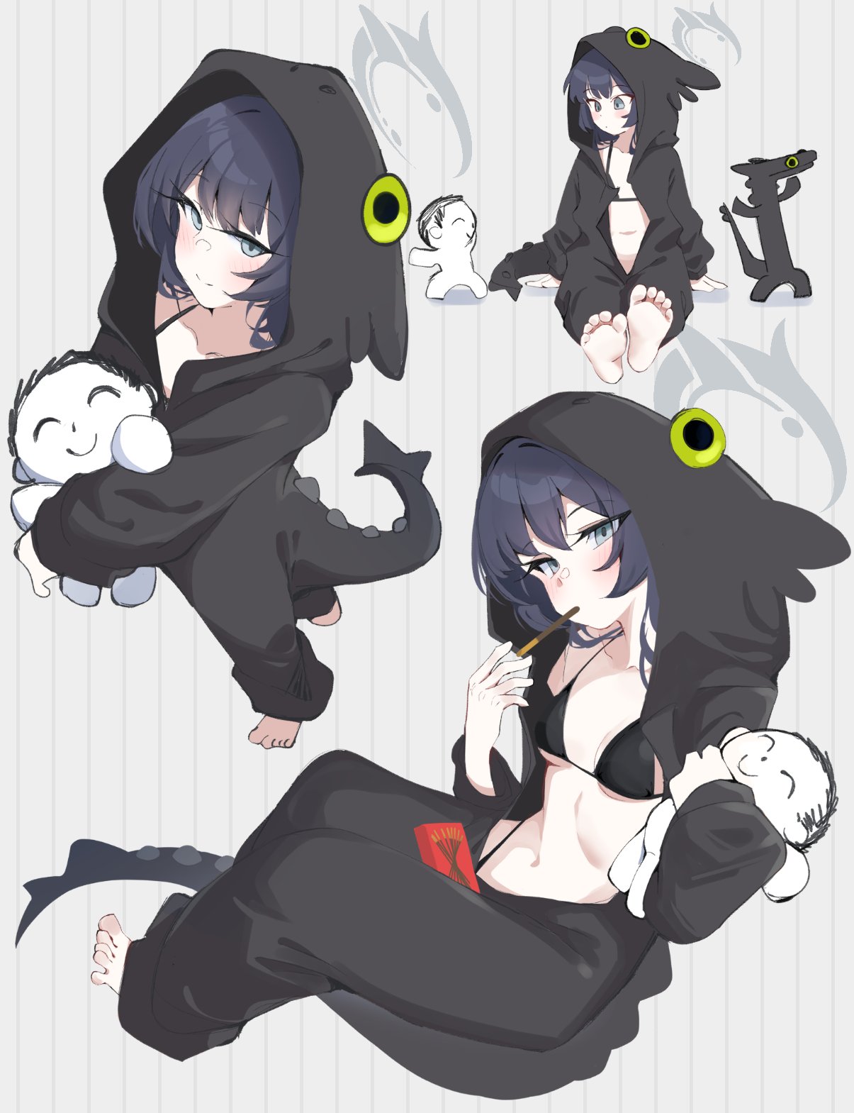blue_archive dancing_toothless female food_in_mouth gen_(unzzenasd) halo how_to_train_your_dragon kigurumi kisaki_(blue_archive) meme pocky sensei_(blue_archive) swimsuit