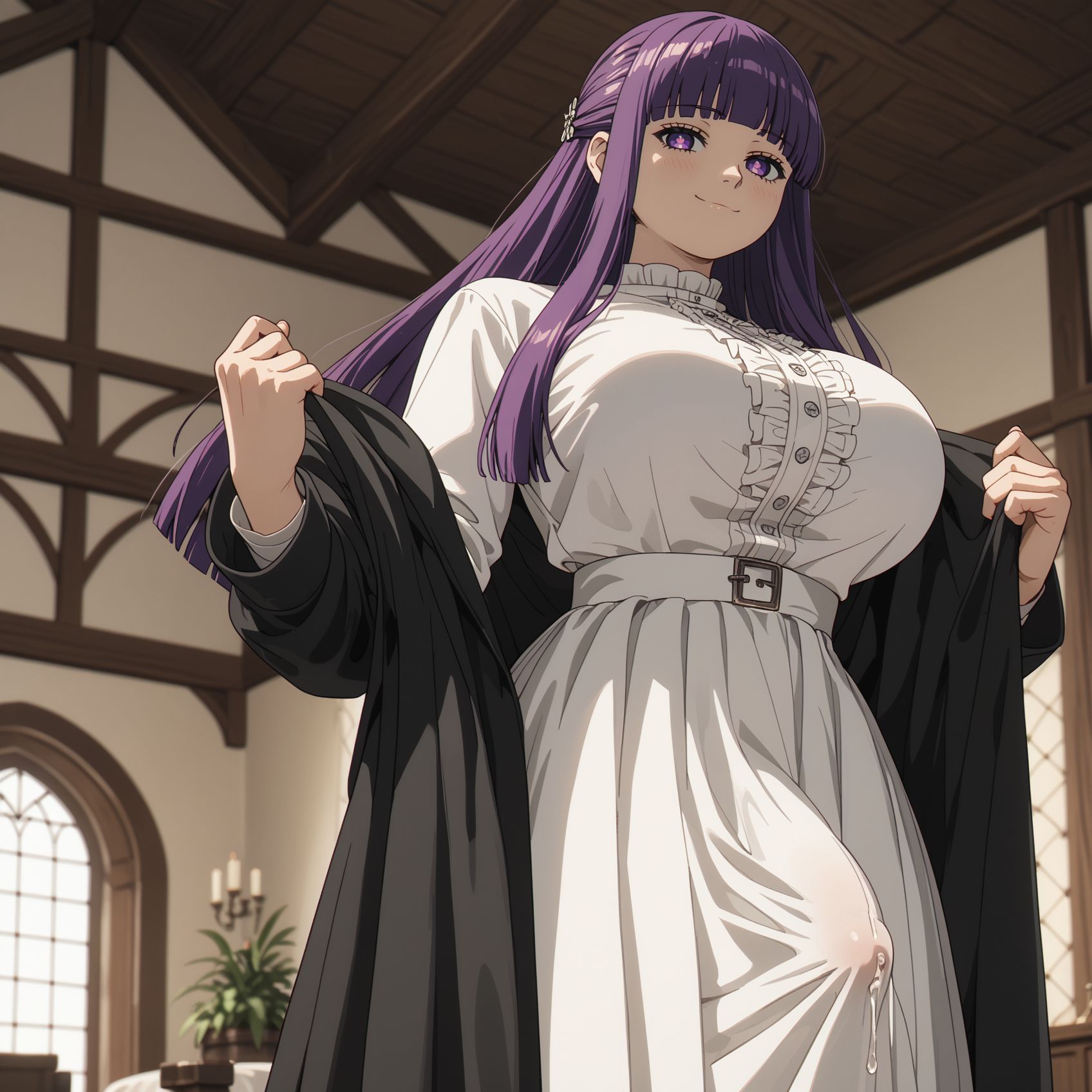 1futa, ai generated, balls, big breasts, black coat, blush, breasts, bulge, bulge through clothing, curvy, curvy figure, dickgirl, dress, dripping precum, female, fern (sousou no frieren), frieren beyond journey's end, from below, futa only, futanari, high resolution, highres, huge balls, huge breasts, huge cock, huge testicles, indoors, intersex, light skin, light-skinned futa, long hair, looking at viewer, penis, precum, precum through clothing, purple eyes, purple hair, smirk, smooth skin, solo, solo focus, solo futa, sousou no frieren, spectreai, testicles, thick, thick legs, thick thighs, thighs, undressing