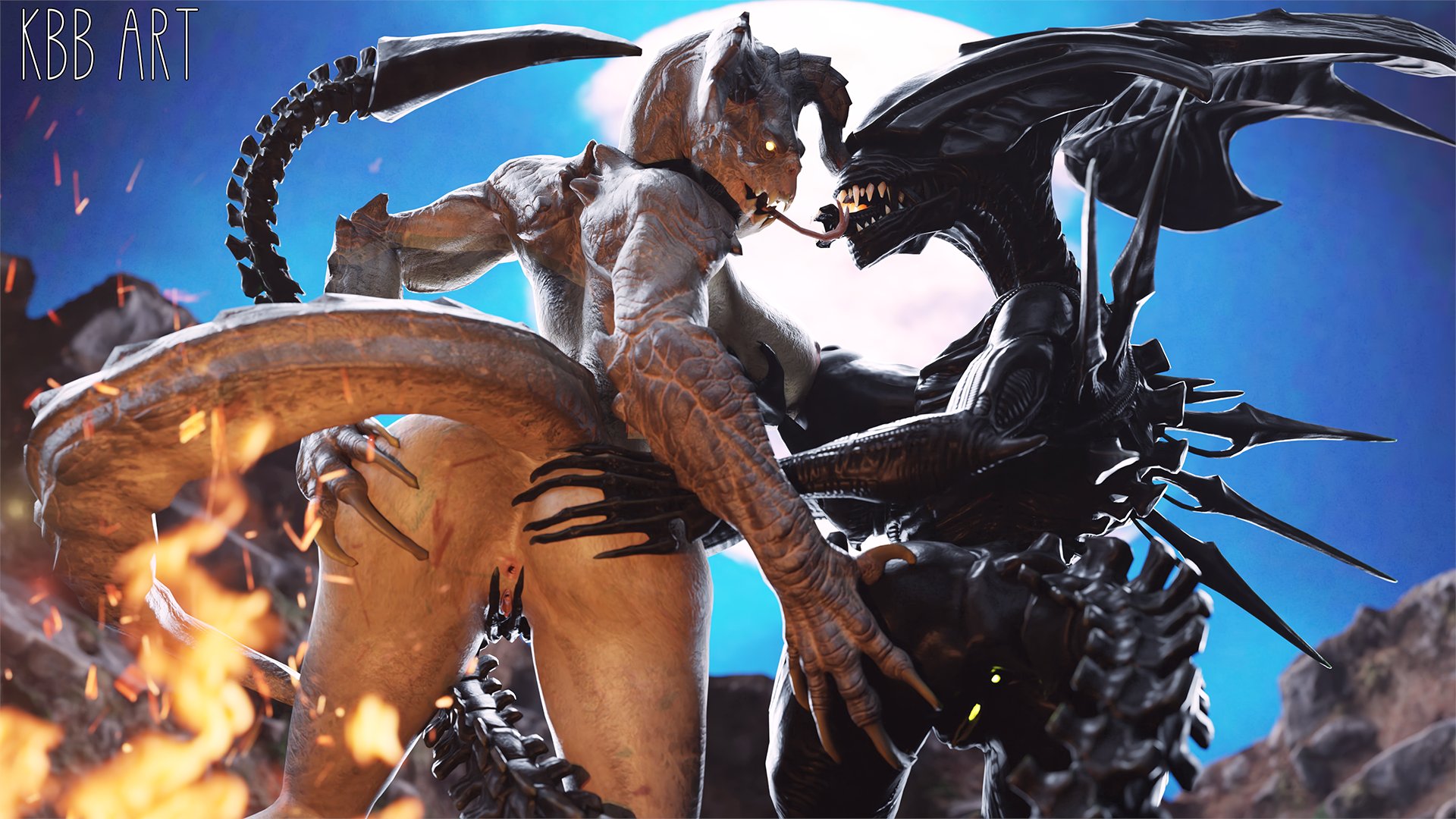 2girls, 3d, alien (franchise), anus, ass, ass grab, breasts, deathclaw, earless, exoskeleton, eyebrowless, fallout, female, female deathclaw, female only, female xenomorph, fingering, inner mouth, kbbart, kingbigballs, lipless, monster, monster girl, monster on monster, monster yuri, pussy, tongue, xenomorph, xenomorph queen, xenomorph tail, yuri