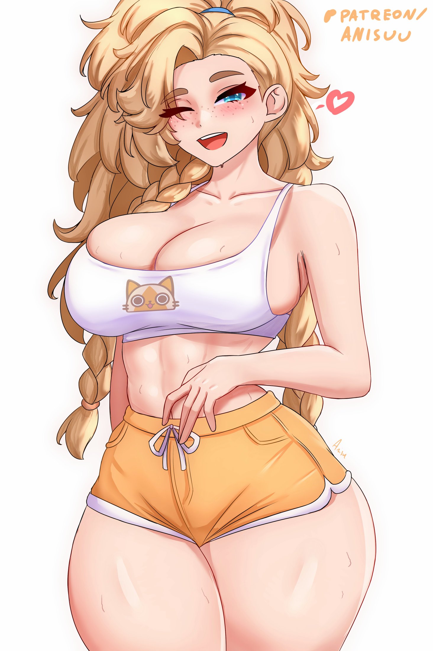 1girls, absurd res, anisdrawn, breasts, casual, cleavage, dolphin shorts, female, female focus, female only, gemma (monster hunter wilds), gym shorts, hi res, large breasts, light skin, light-skinned female, looking at viewer, midriff, monster hunter, monster hunter wilds, shorts, solo, thick thighs, thighs, wide hips