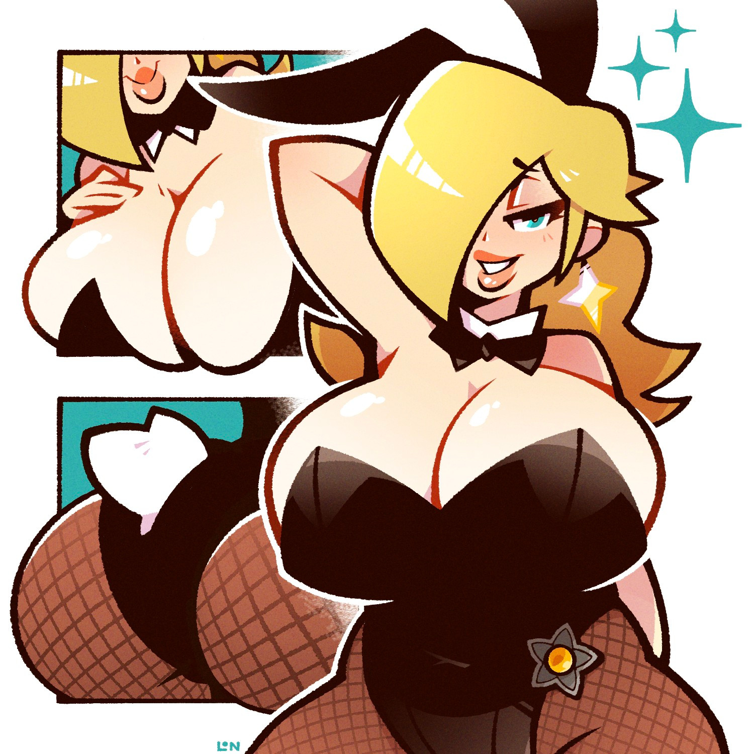 1girls, arm behind head, ass, ass focus, bedroom eyes, blonde hair, breasts, bunnysuit, busty, cleavage, female, female only, huge breasts, huge lips, legendofnerd, lips, looking at viewer, mario (series), nintendo, princess rosalina, super mario galaxy, tagme