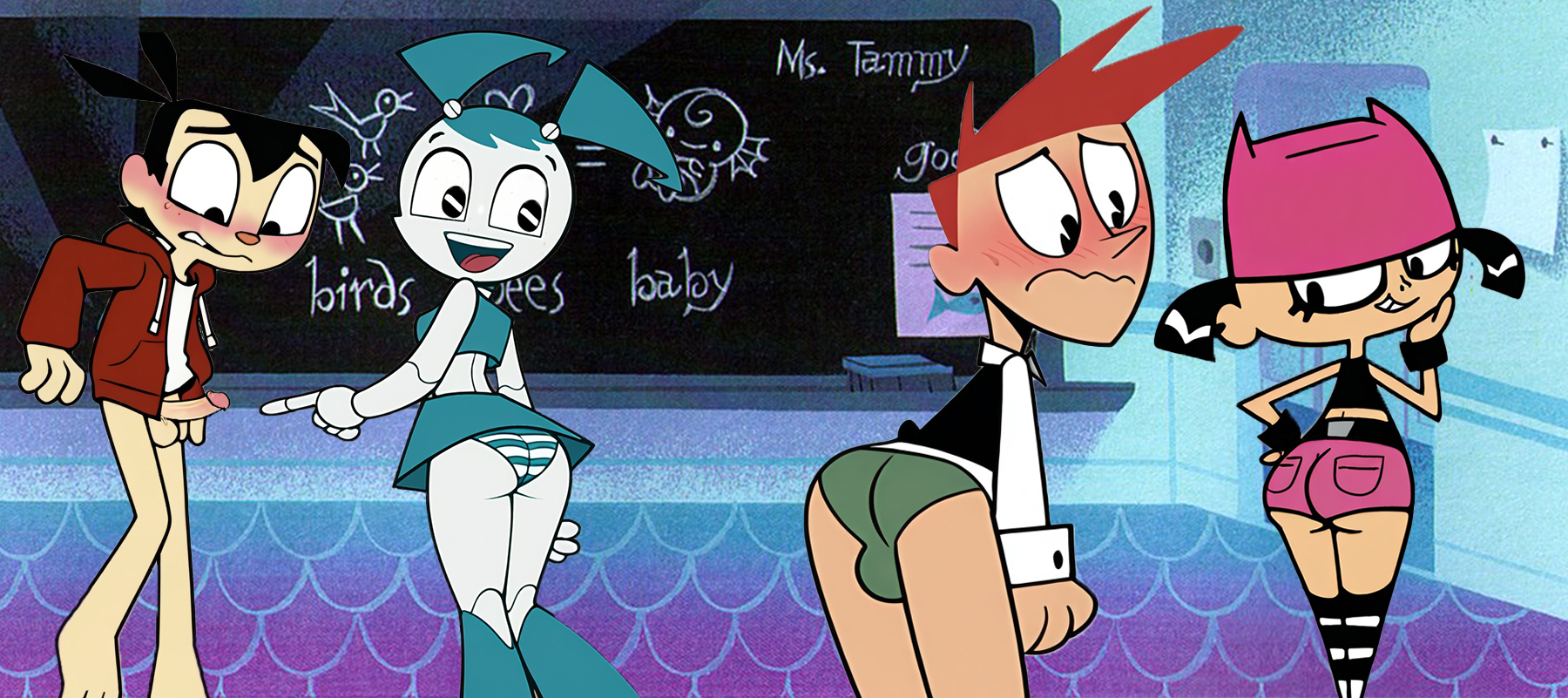 2boys, 2girls, ai assisted, ai generated, brad carbunkle, briefs, bulge, cfnm, classroom, embarrassed, embarrassed underwear male, erection, female, femdom, green underwear, jenny wakeman, male, my life as a teenage robot, naked, naked male, nervous, nervous expression, nervous male, nude, nude male, panties, pantsed, panty peek, penis, penis exposed, penis out, public, public exposure, public humiliation, public indecency, sex education, sheldon lee, shorts, stripped thighhighs, submissive male, thigh highs, thighhighs, underwear, undieboi22, unwanted erection, upskirt, xj-9