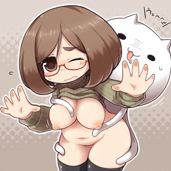 :3 against_glass bent_over black_legwear blush bob_cut bottomless breast_grab breasts brown_eyes brown_hair censored character_request clothing crab_man eyebrows feline female fourth_wall frown glasses large_breasts mosaic_censoring navel nikki_(swapnote) nintendo nipples plump pussy red-framed_glasses semi-rimless_glasses shirt_lift short_hair solo swapnote sweat sweater tentacle thick_eyesbrows thighhighs top_lift translated wavy_mouth wince wink