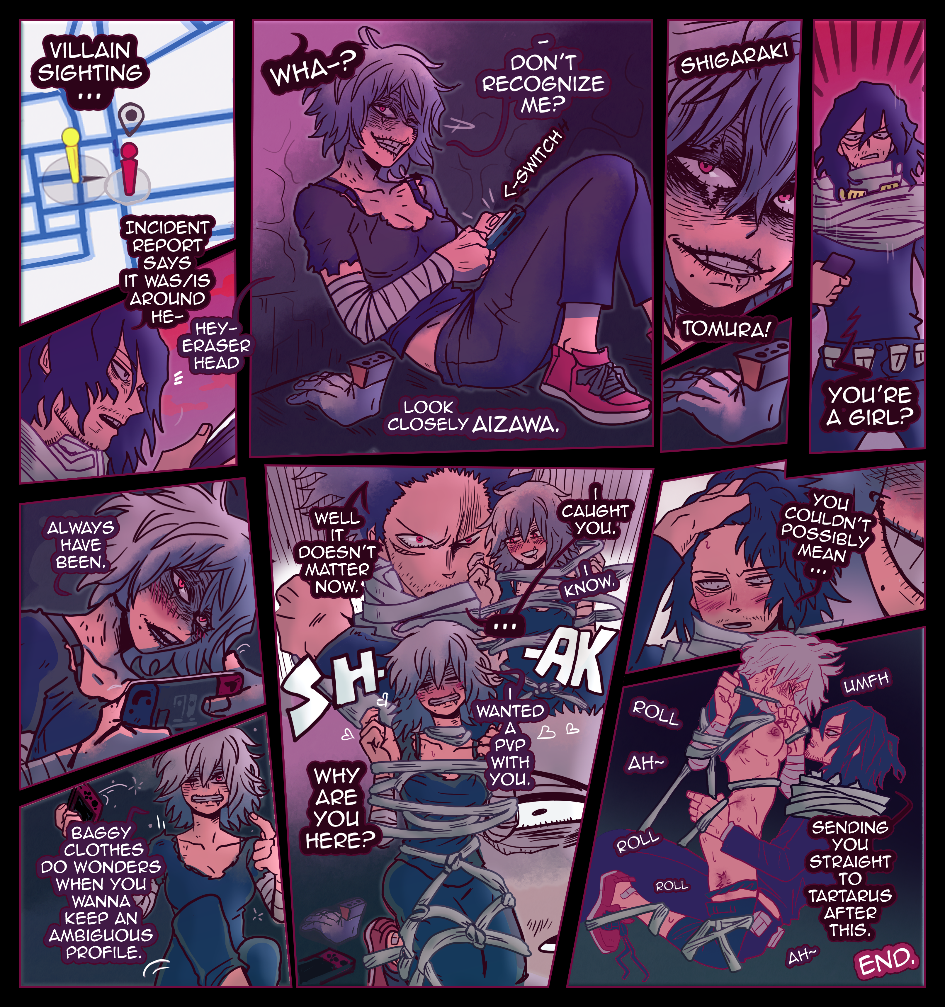 1boy, 1girls, aizawa shouta, boku no hero academia, bondage, dialogue, english text, eraserhead, female, genderswap, genderswap (mtf), hero and villain, male, male/female, my hero academia, rule 63, shigaraki tomura, shouta aizawa, tied up, tomura shigaraki, villain, villain sub