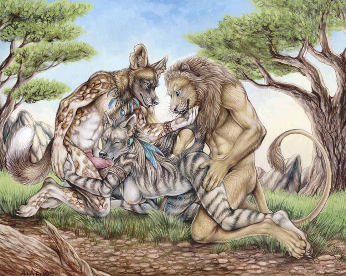 african_wild_dog anthro breasts canine feline fellatio female gangbang hyena interspecies lion male mammal nude oral oral_sex rukis sex straight threesome traditional_media tribal western_art