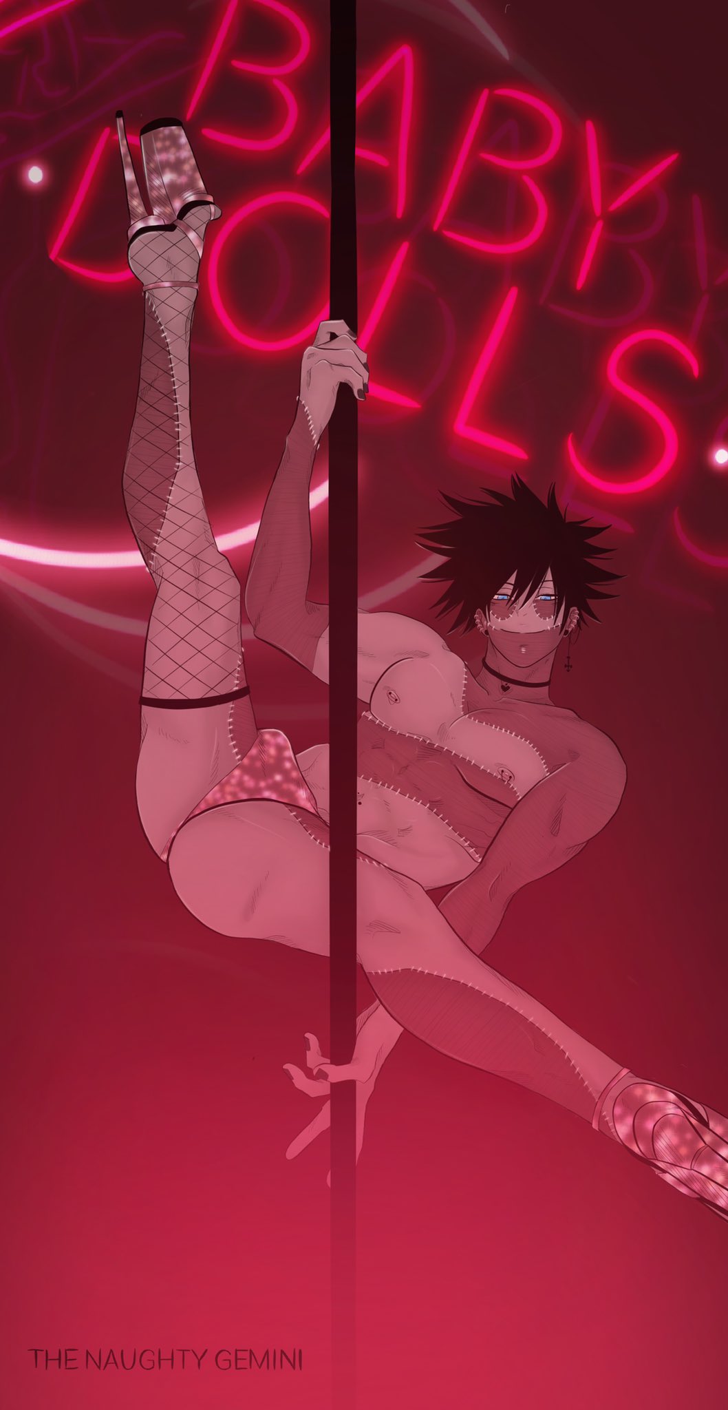 1boy bare_arms bare_chest bare_legs bare_shoulders bare_thighs black_hair bulge bulge_through_clothing burn_scar choker dabi english_text fishnet_stockings fishnets heels legs_apart legs_spread male male_focus male_only my_hero_academia scar scars solo solo_focus solo_male stripper stripper_pole text the_naughty_gemini thong todoroki_touya touya_todoroki