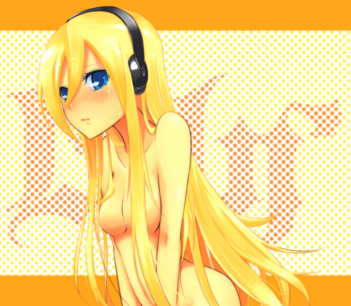 1girl 1girls artist_request blonde_hair blue_eyes breasts headphones lily_(vocaloid) long_hair naked nude simple_background solo source_request tagme vocaloid vocaloid_3