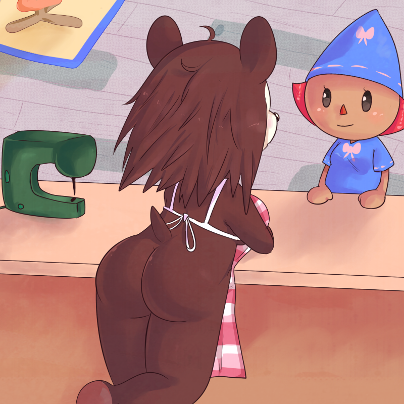 2girls ahoge animal_crossing animal_crossing_girl anthro apron ass breasts brown_fur butt_crack female female_only hedgehog lamm multiple_girls naked_apron nintendo pink_hair sable_able villager_(animal_crossing)