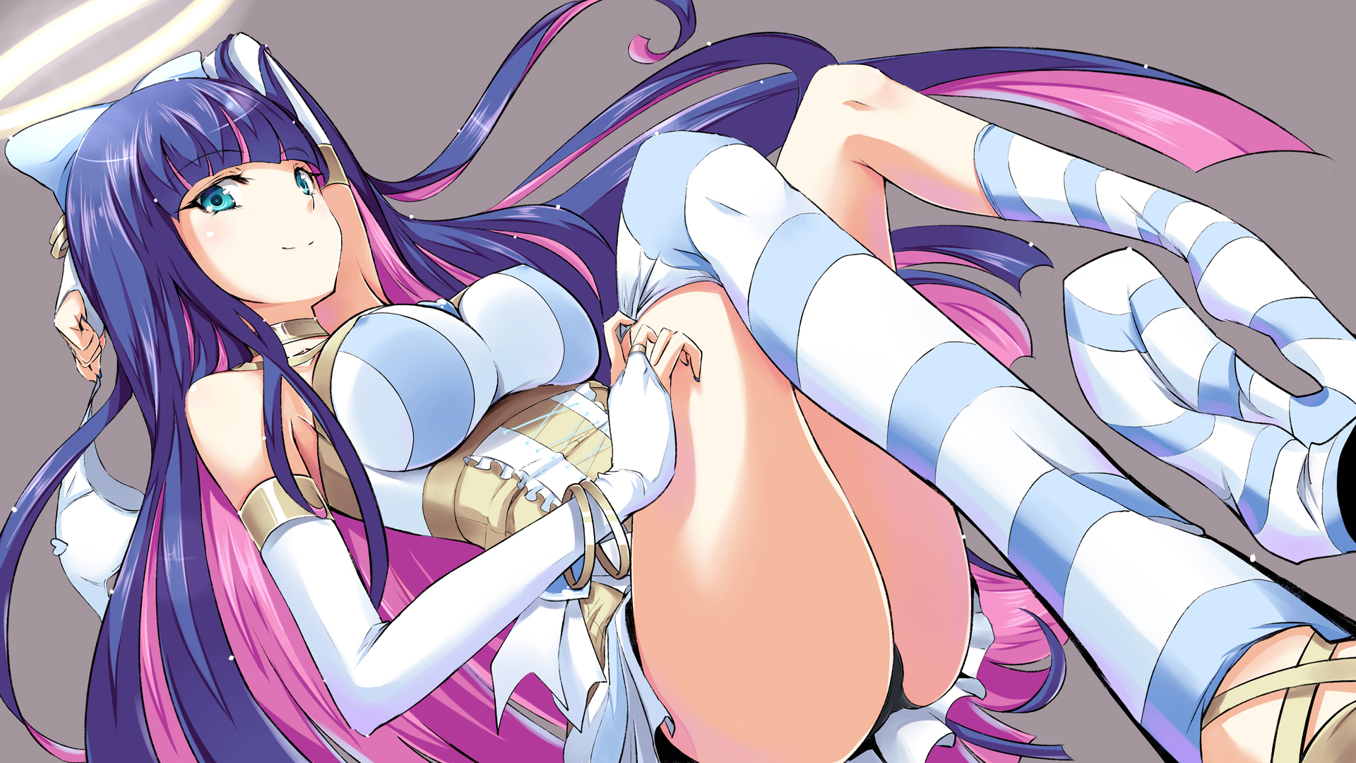 artist request, blue hair, breasts, color, covered breasts, cute, female, female only, lying down, on back, panty & stocking with garterbelt, simple background, smiling, solo, stocking anarchy