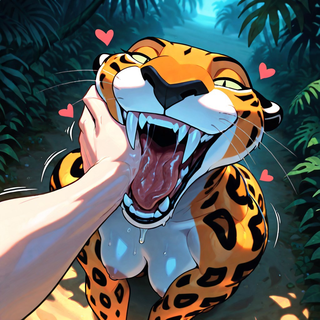 ai generated, anthro, black lips, breasts, disney, drool, fangs, feline, female, heart symbol, holding mouth, human hand, leopard, long tongue, looking at viewer, male, maw play, maw shot, mawplay, mawshot, nipples, open maw, open mouth, pearly whites, sabor, saliva, sharp teeth, tarzan (1999 film), teeth, tongue, tongue out