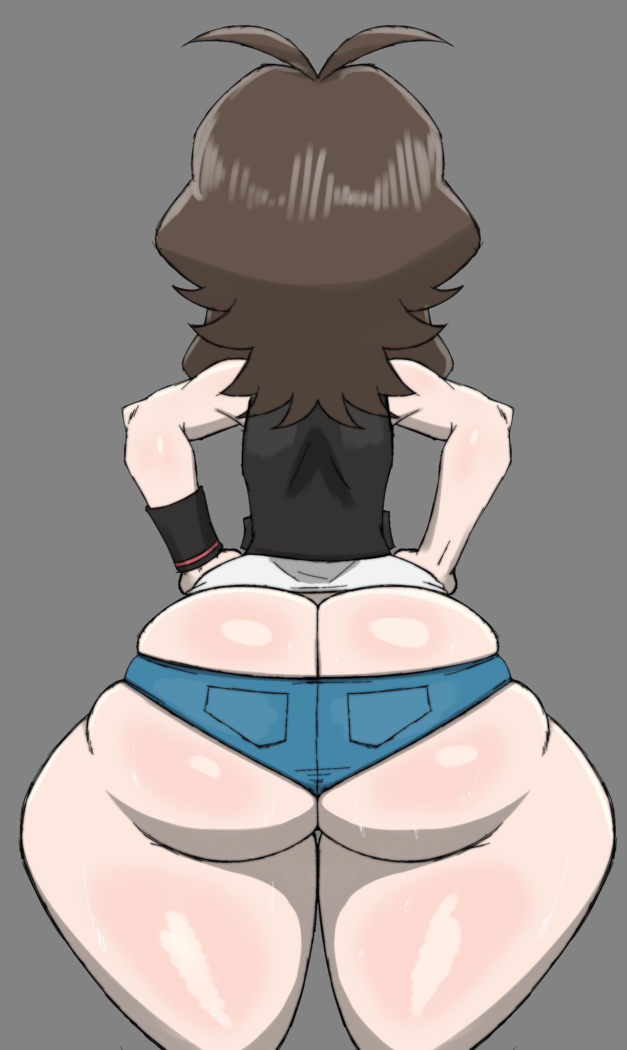 1girls, ass, ass focus, ass hanging out, ass hanging out of shorts, ass out, back, back view, barely contained, barely contained ass, big ass, big butt, big thighs, bottom heavy, brown hair, clothing, female, fully clothed, grey background, hilda (pokemon), hips wider than shoulders, human, long hair, mrn00b0d1, n00b x5 (lt4l14n0), no, pale skin, pokemon, short shorts, shorts, sleeveless, small shorts, straining clothing, sweat, sweatdrop, sweating, sweaty, sweaty ass, sweaty body, sweaty butt, thick, thick ass, thick butt, thick hips, thick thighs, wide hips, wristwear