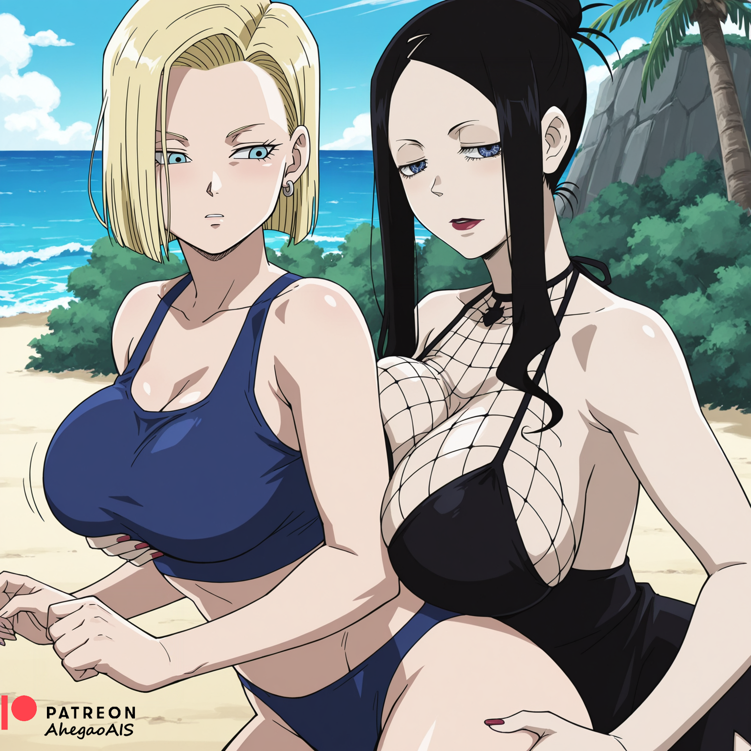 2d, 2girls, ahegao ai, ai generated, android 18, arachne gorgon, ass, ass focus, ass grab, bikini, bikini bottom, bikini top, dragon ball, dragon ball z, female, female only, multiple girls, patreon, patreon link, patreon logo, patreon url, patreon username, soul eater, watermark