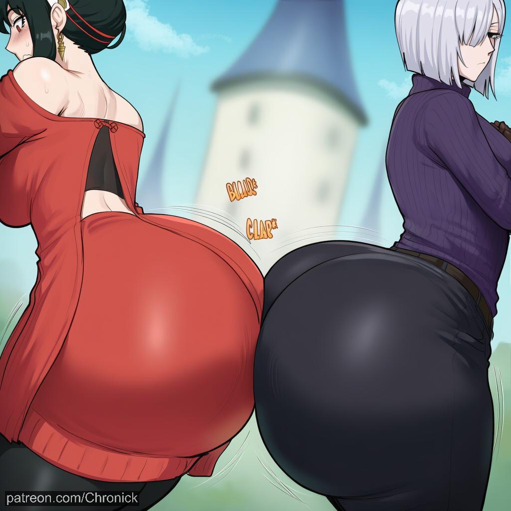 2girls, ai generated, ass, ass focus, ass-to-ass, bare shoulders, black hair, black pants, blurry, blurry background, blush, breasts, chronick, dress, earrings, female, fiona frost, gigantic ass, grey hair, hair over one eye, hairband, huge ass, jewelry, large breasts, long hair, multiple females, multiple girls, nai diffusion, off shoulder, pants, pantyhose, purple sweater, red eyes, short hair, spy x family, sweater, thick thighs, white hair, yor briar