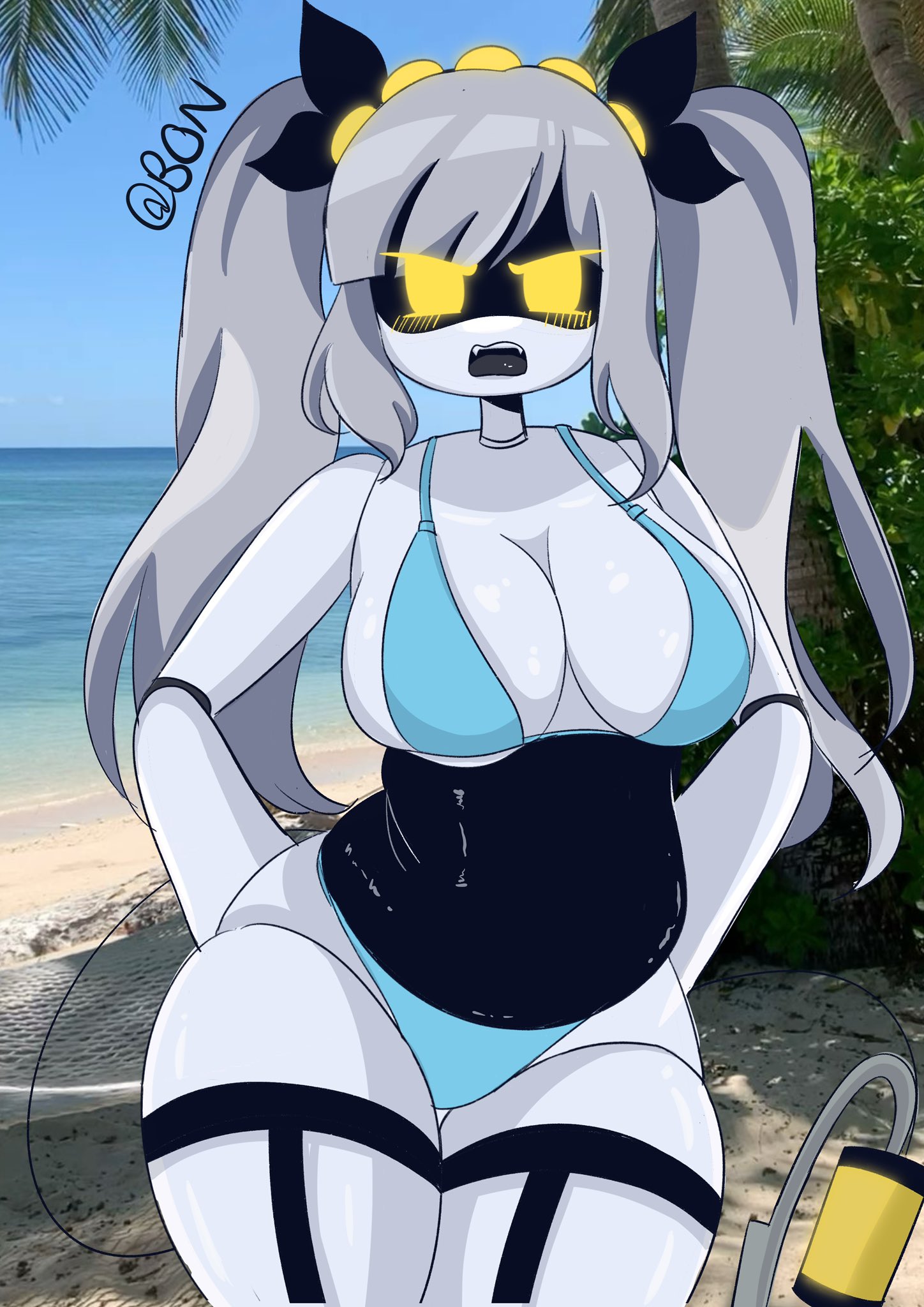 belly, belly bulge, big belly, bikini, blue bikini, blush, bon bonn, female, female only, garter straps, glitch productions, gray hair, j (murder drones), liam vickers, long tail, looking at viewer, murder drones, pigtails, tail, yellow eyes