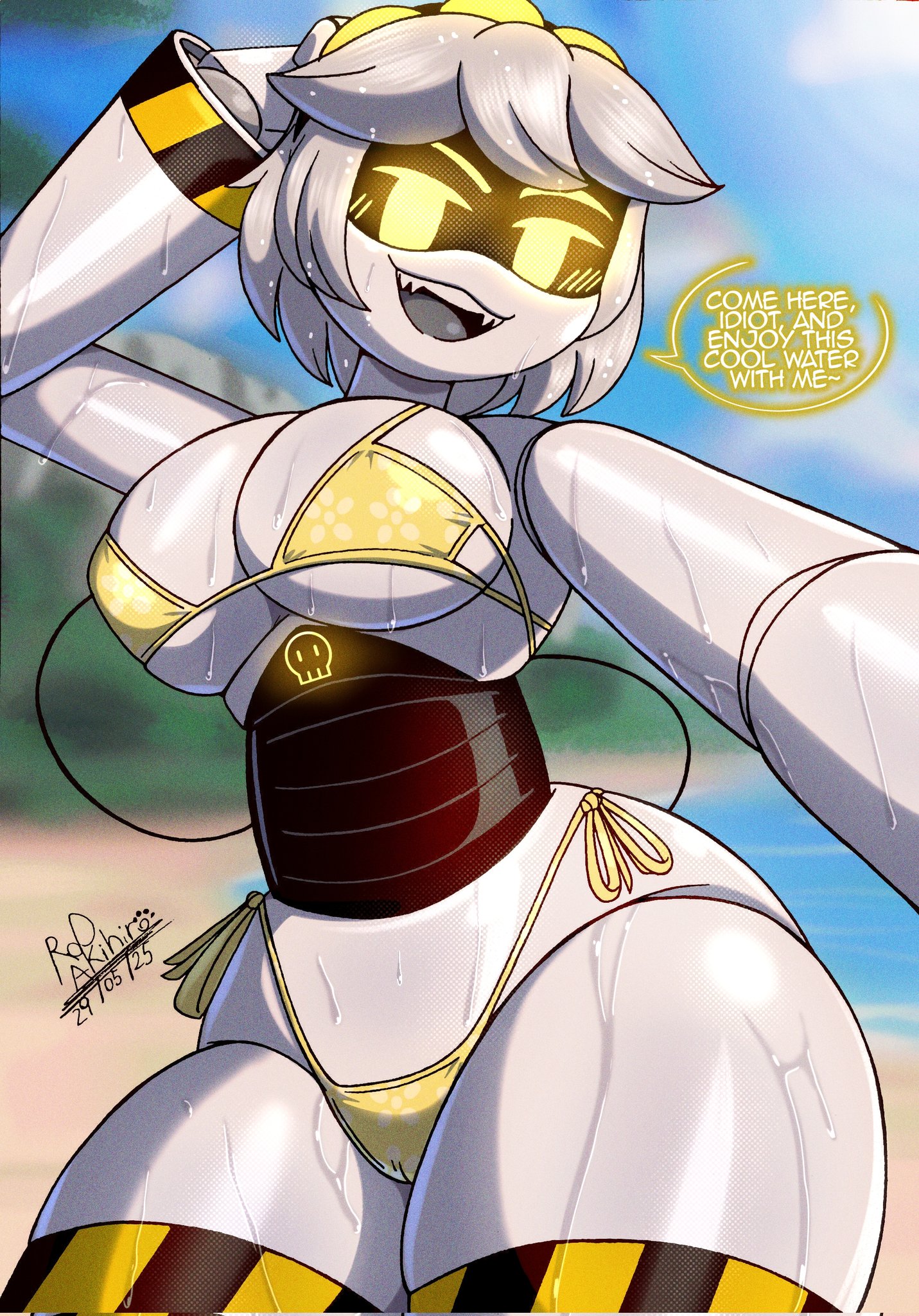 1girls, artist name, artist signature, beach, bikini, blush, blush lines, blushing female, breasts, cameltoe, curvaceous, curvy, curvy body, curvy female, curvy figure, curvy hips, dialogue, disassembly drone, dripping wet, female, female only, glitch productions, hand behind head, hips, murder drones, ocean, outside, pussy, robot, robot girl, robot humanoid, rod akihiro, sand, sega, silver hair, smile, smiling, solo, solo female, sonic (series), sunny, swimsuit, talking, thick thighs, thighs, v (murder drones), wet, wet hair, yellow eyes