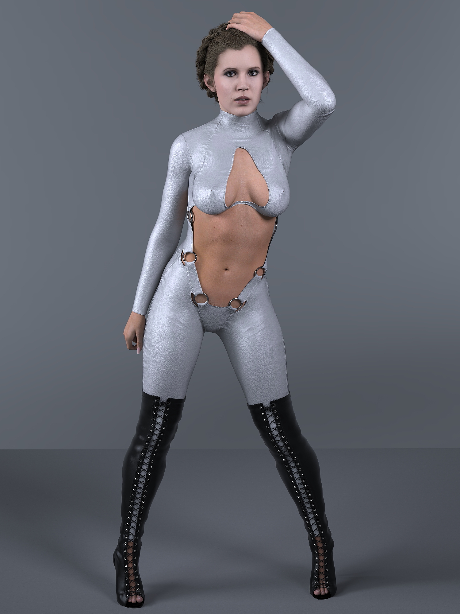 1girls, 3d, bodysuit, daz studio, female, female only, full body, grey bodysuit, high heels, princess leia organa, rebel (star wars), solo, star wars, zauselzaus