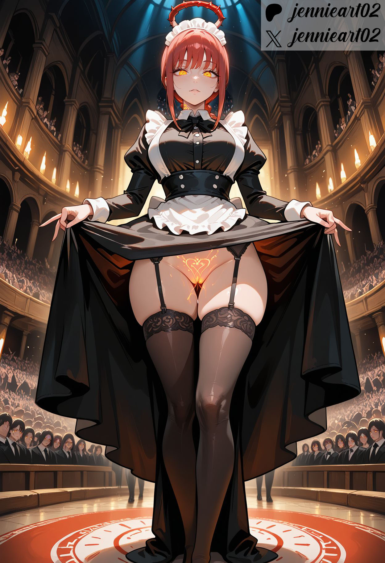 ai generated, alternate costume, apron, ass visible through thighs, bangs, black bow, black bowtie, black clothes, black dress, black footwear, black garter straps, black legwear, black thighhighs, blush, blush lines, blushing, bow, bowtie, braid, braided ponytail, breasts, buttons, chainsaw man, closed mouth, clothes lift, clothes pull, clothing, crowd, dress, dress lift, dress pull, enmaided, female, female focus, female only, footwear, frilled apron, frills, garter belt, garter straps, groin, halo, headdress, headwear, high heels, indoors, jennieart02, juliet sleeves, large breasts, legwear, lifted by self, lingerie, long sleeves, looking at viewer, magic circle, maid, maid apron, maid headdress, makima (chainsaw man), no panties, nopan, pantsu, patreon, patreon logo, patreon username, ponytail, pubic tattoo, puffy long sleeves, puffy sleeves, pussy, red hair, ringed eyes, shoes, sidelocks, skindentation, skirt, skirt hold, skirt lift, skirt pull, smile, solo, solo focus, standing, tattoo, thigh gap, thighhighs, thighs, twitter, twitter username, underbust, underwear, uniform, vagina, waist apron, watermark, white apron, wing collar, yellow eyes