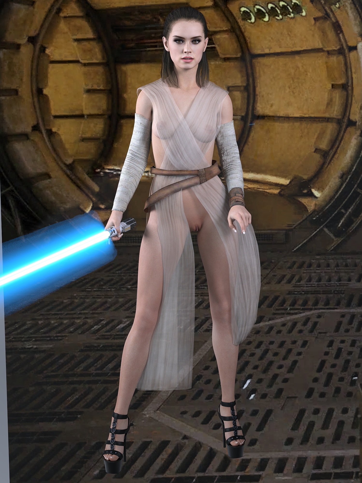 1girls, 3d, blue lightsaber, casual, clothing, daisy ridley, daz studio, female, female only, footwear, full body, functionally nude, high heels, human, jedi, lightsaber, no bra, no panties, pale skin, platform heels, rey, see-through clothing, solo, star wars, weapon, zauselzaus