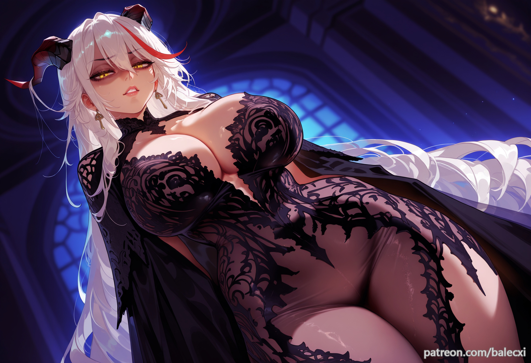 aegir (azur lane), ai generated, azur lane, balecxi, black cape, breasts, cleavage, demon horns, earrings, female, jewelry, large breasts, long hair, looking at viewer, parted lips, patreon username, red hair, solo, streaked hair, white hair, yellow eyes