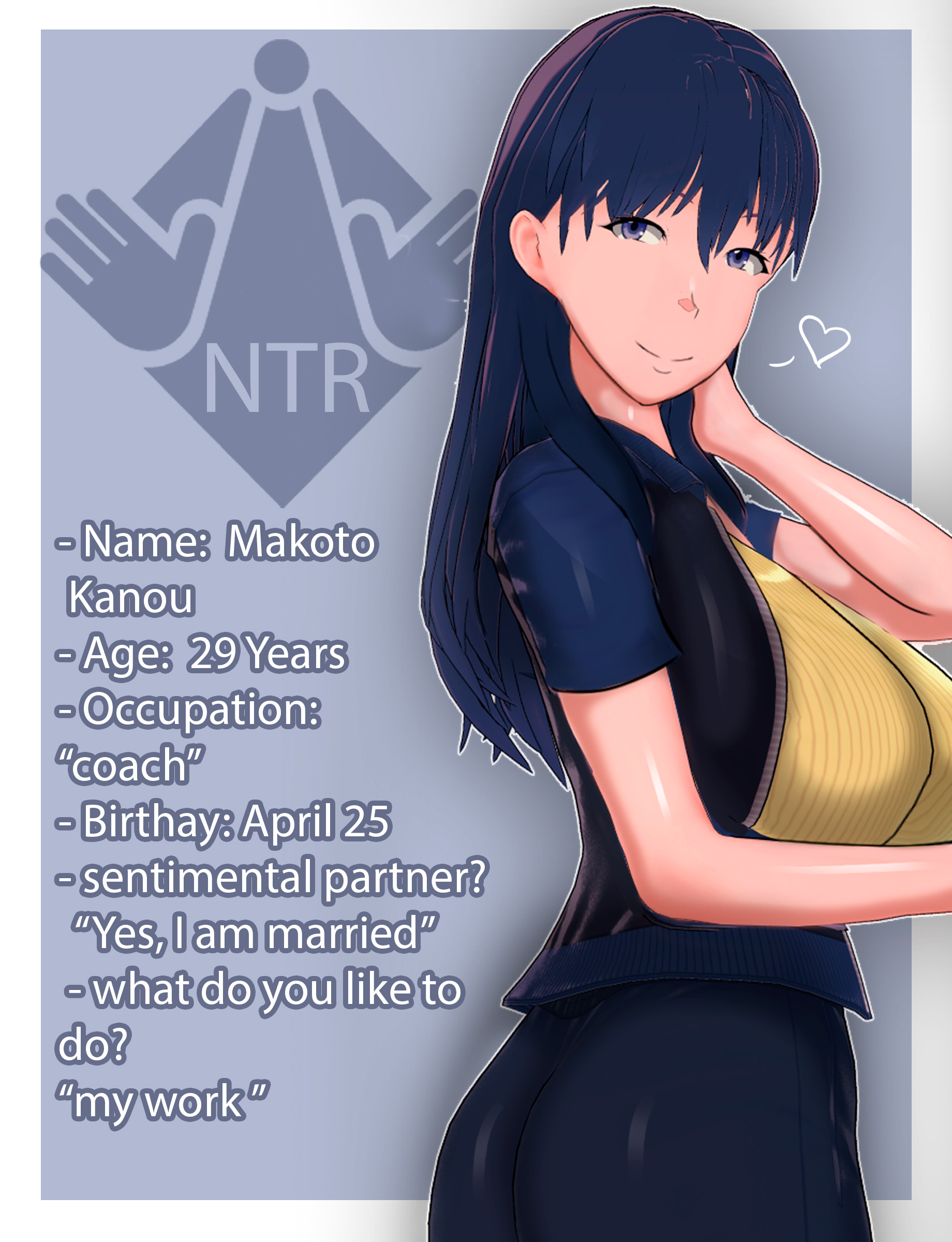 1girls, 3d, absurd res, absurdres, ass, blue eyes, blue hair, breasts, character sheet, dark skin, dialogue, english text, female, half-closed eyes, heart, hi res, high resolution, highres, kanou makoto, looking at viewer, looking back, text, tsuma netori (series), tsuma netori rei: boku no ayamachi kanojo no sentaku, ugly man, vyrus smith