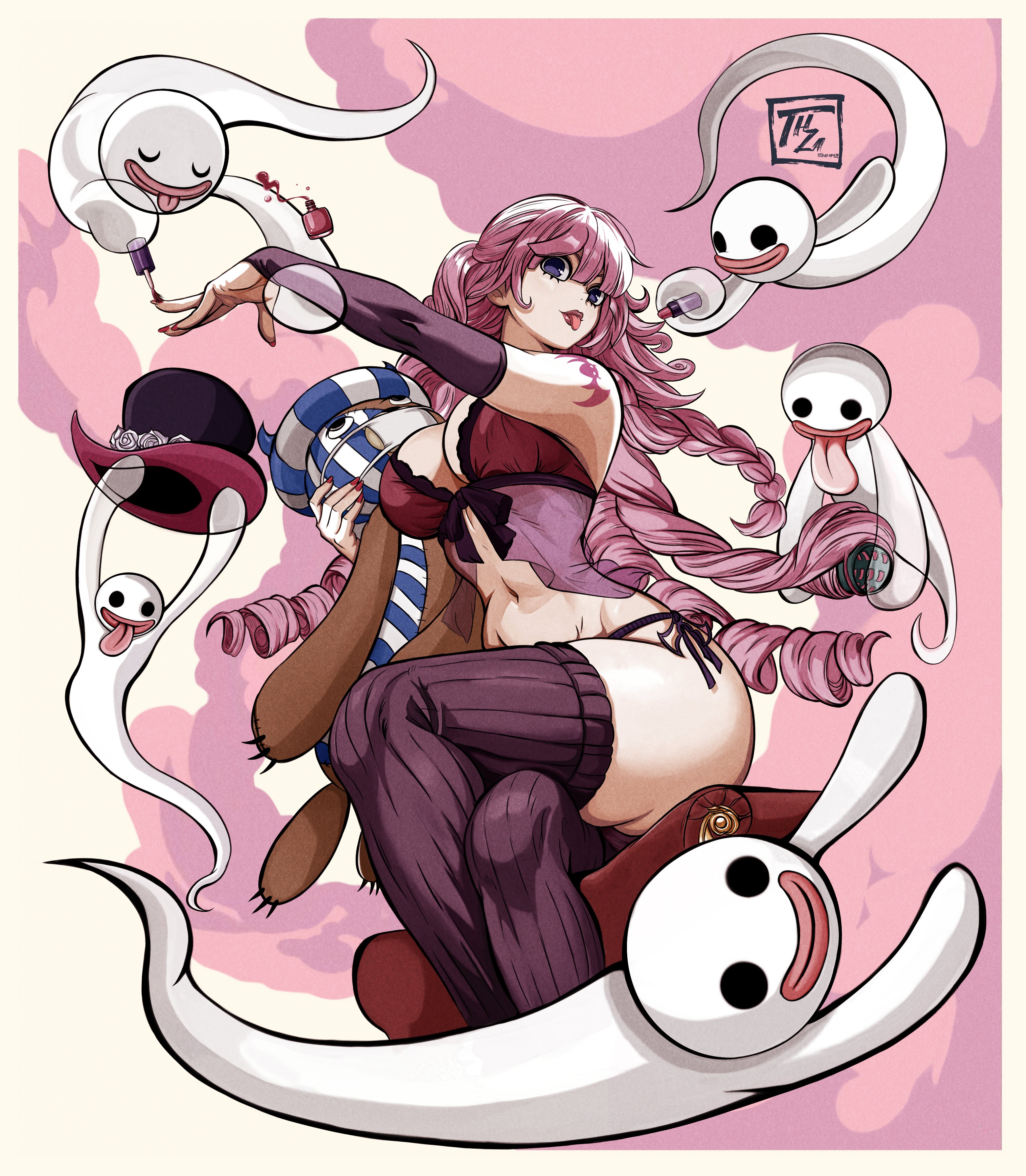 1girls, arm tattoo, babydoll, bat tattoo, big breasts, breasts, busty, cleavage, clothing, curvy, female, female only, ghost girl, ghosts, goth, goth girl, hamza touijri, horo horo no mi, lingerie, lipstick, long hair, makeup, midriff, one piece, panties, perona, pink hair, pink tattoo, pink-haired female, solo, tattoo, thick thighs, thighhighs, tongue, tongue out