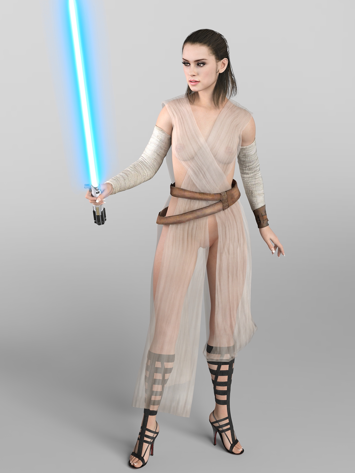 1girls, 3d, blue lightsaber, casual, clothing, daisy ridley, daz studio, female, female only, full body, functionally nude, high heels, human, jedi, lightsaber, pale skin, realistic, rey, see-through clothing, solo, star wars, weapon, zauselzaus