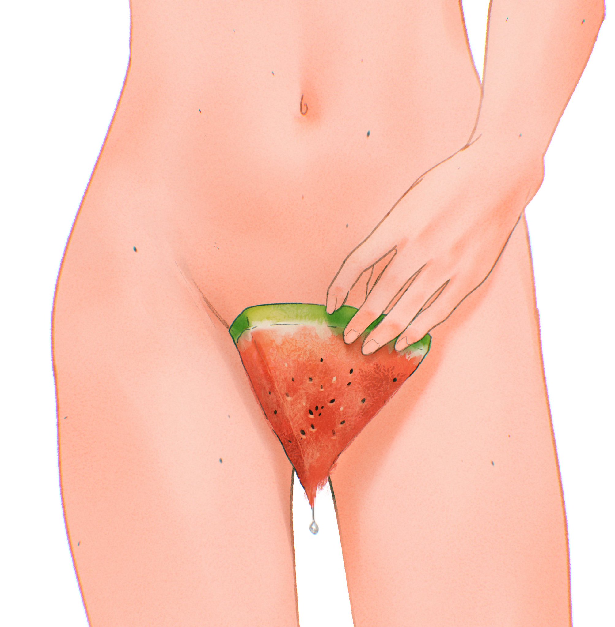 1girls, aidenr0 (artist), belly button, bottomless, completely nude, dripping, dripping juice, faceless character, female, food, fruit, holding, holding food, holding fruit, holding object, holding watermelon, nude, sexually suggestive, spindle (aidenr0), tagme, watermelon, watermelon slice, yonic symbol