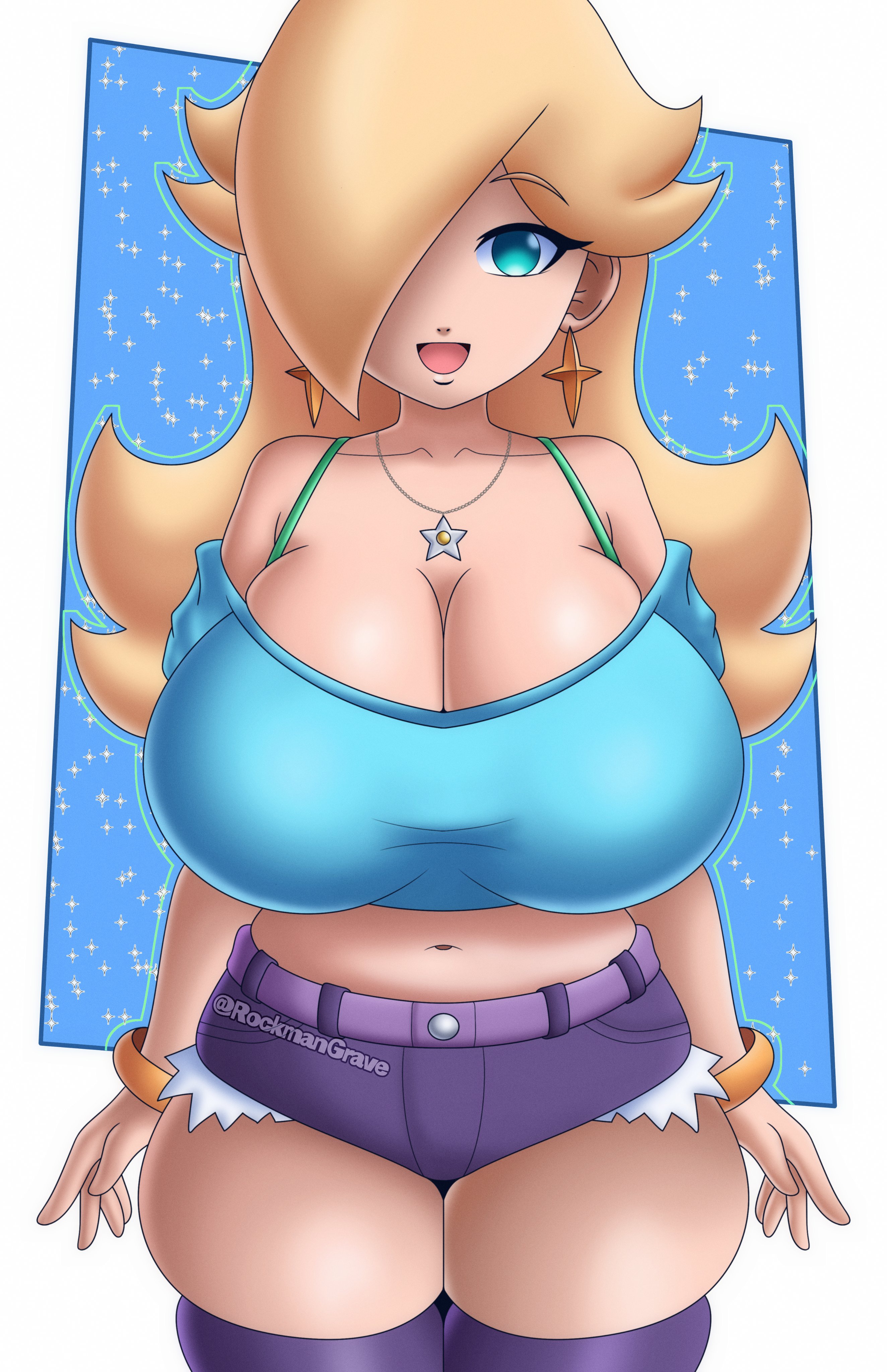 1girls, 2025, artist name, ass, big ass, big breasts, blank eyes, blonde female, blonde hair, blonde-haired female, bracelet, bracelets, breasts, clothed, clothed female, clothing, denim, denim shorts, ear piercing, earrings, english, english text, female, female focus, female only, fully clothed female, hair over one eye, light skin, light-skinned female, mario (series), nintendo, open mouth, pierced ears, piercing, piercings, platinum blonde hair, princess rosalina, rockmangrave, short shorts, shorts, skindentation, solo, solo female, solo focus, star, star (symbol), star earrings, star necklace, stockings, super mario galaxy, super smash bros., text, thick thighs, thighhighs, thighs