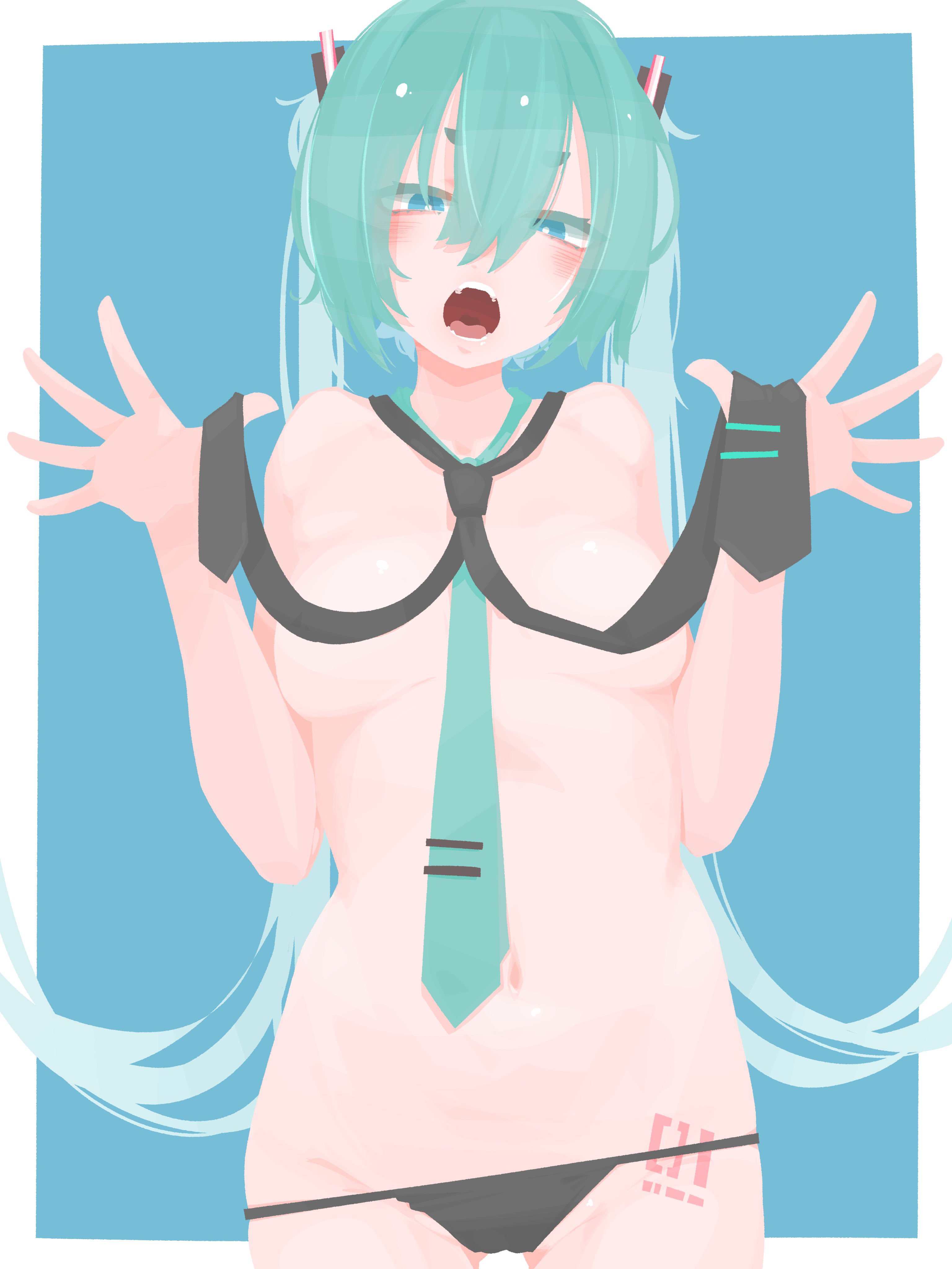 1girl, aqua hair, barely visible breasts, black panties, blue eyes, blue hair, blush, breasts, female, hair accessory, hara id 21, hatsune miku, holding tie, long hair, looking at viewer, loose clothes, low-angle view, medium breasts, navel, necktie, open mouth, panties, panties around legs, simple background, small breasts, solo, suggestive, tattoo, tie, topless, twintails, underwear, very long hair