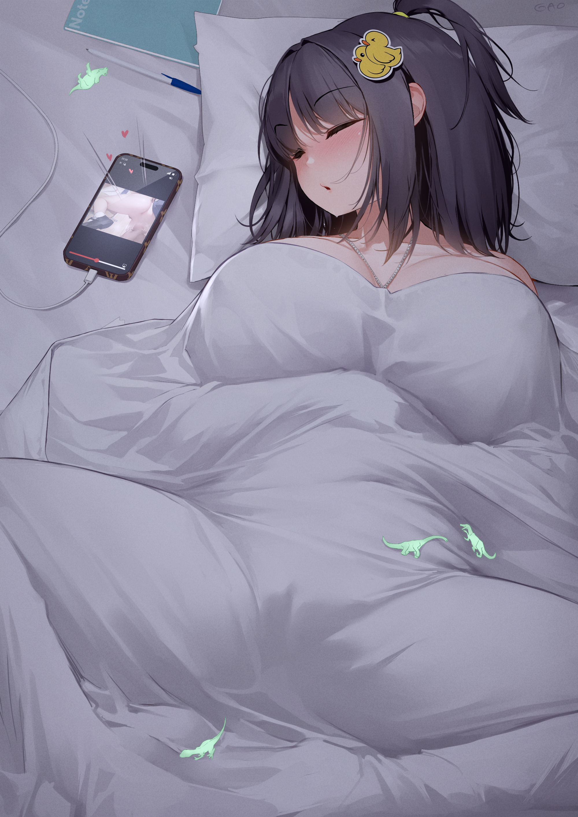bed sheet, big breasts, breasts, female, gao (gaolukchup), gao-lukchup, hi res, lights off, loogchoob (gaolukchup), on bed, open legs, original, original character, phone, short hair, sleeping