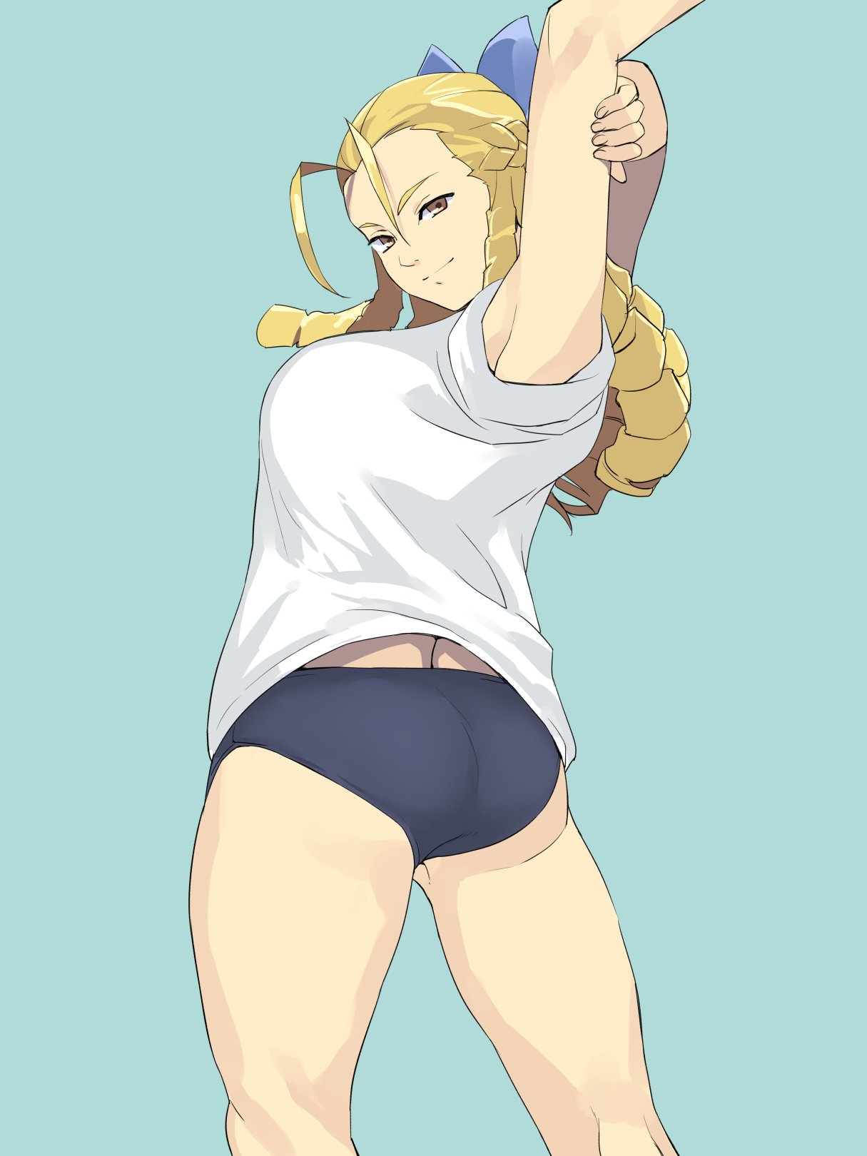 2d, armpits, arms up, ass, athletic, athletic female, bare legs, blonde hair, bloomers, breasts, brown eyes, bubble ass, bubble butt, buruma, busty, capcom, drill hair, female, female focus, female only, hourglass figure, karin kanzuki, long hair, looking at viewer, looking back, panties, pinup, pinup pose, pose, posing, rear view, rolled up sleeves, sideboob, standing, street fighter, street fighter alpha, t-shirt, tagme, themanyoukilled, wide hips