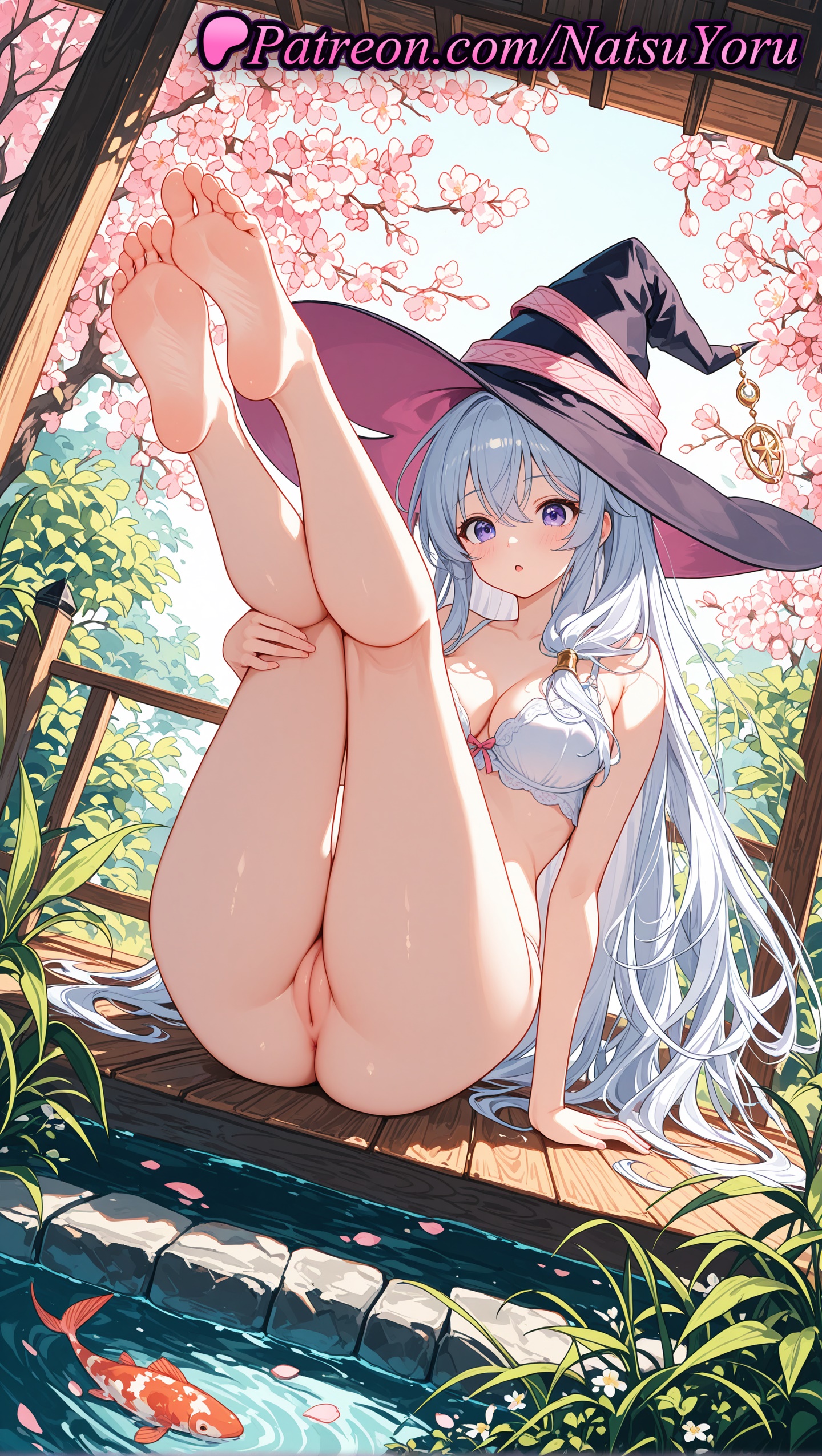 1girls, 2025, ai generated, anus, ass, asshole, barefoot, black headwear, blue hair, bottomless, bra, breasts, cleavage, cleft of venus, elaina (majo no tabitabi), feet, female, fish, foot fetish, hat, hi res, highres, juicy butt, koi, legs, legs up, long hair, looking at viewer, majo no tabitabi, natsuyoru, oshiri, patreon, purple eyes, pussy, sitting, soles, solo, thighs, toes, uncensored, underwear, vagina, very long hair, voluptuous, voluptuous female, water, white bra, white hair, witch hat