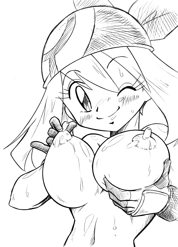 arukime breasts erect_nipples human human_only large_breasts may_(pokemon) monochrome pointy_chin pokemon