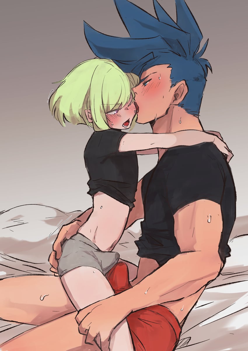 aus vaka, bed, bedroom, blonde hair, blue hair, bob cut, boner, boner under clothes, clothed, clothed female, clothed male, female, femboy, frottage, galo thymos, gay, gay male, girly, human, human male, indoors, larger male, light skin, light-skinned femboy, light-skinned male, lio fotia, male, male/male, promare, size difference, smaller femboy, smaller male, yaoi