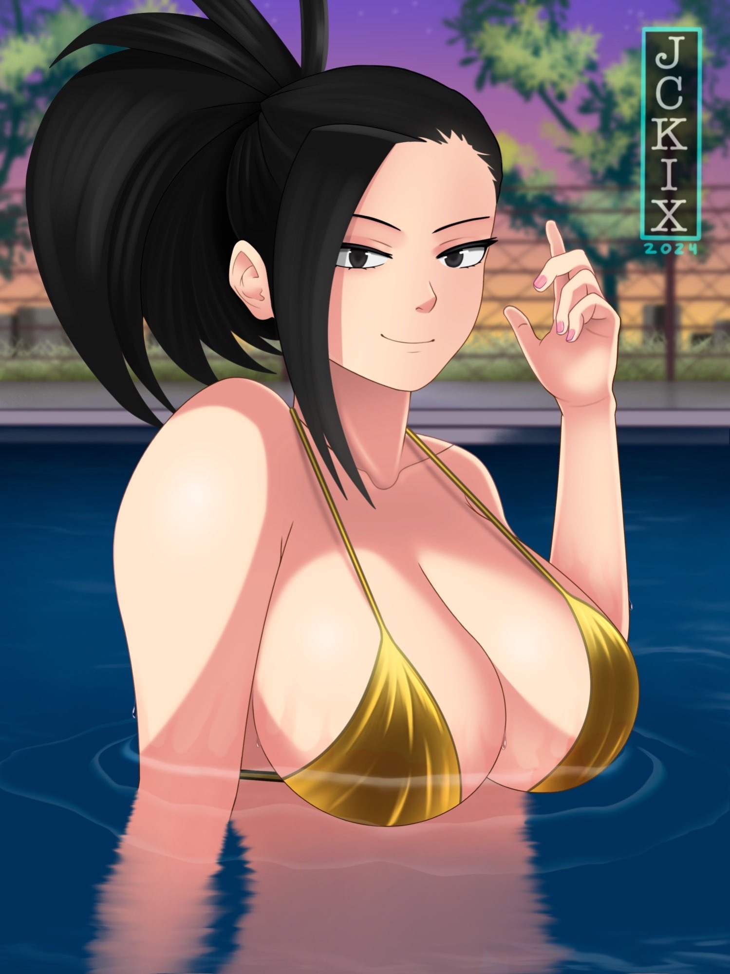 1girls, big breasts, black hair, black-haired female, breasts, female, gold bikini, golden bikini, jckix art, momo yaoyorozu, my hero academia, water