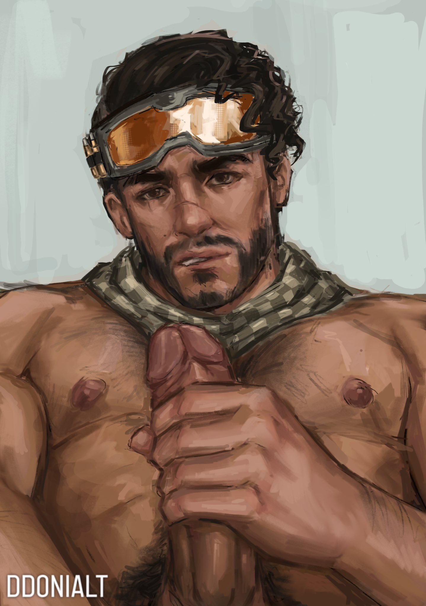 1boy, apex legends, beard, biting lip, dark hair, dark-haired male, ddonialt, gay, goggles, grey background, hairy, jerking, looking at viewer, male, male only, masturbation, mirage (apex legends), penis, solo